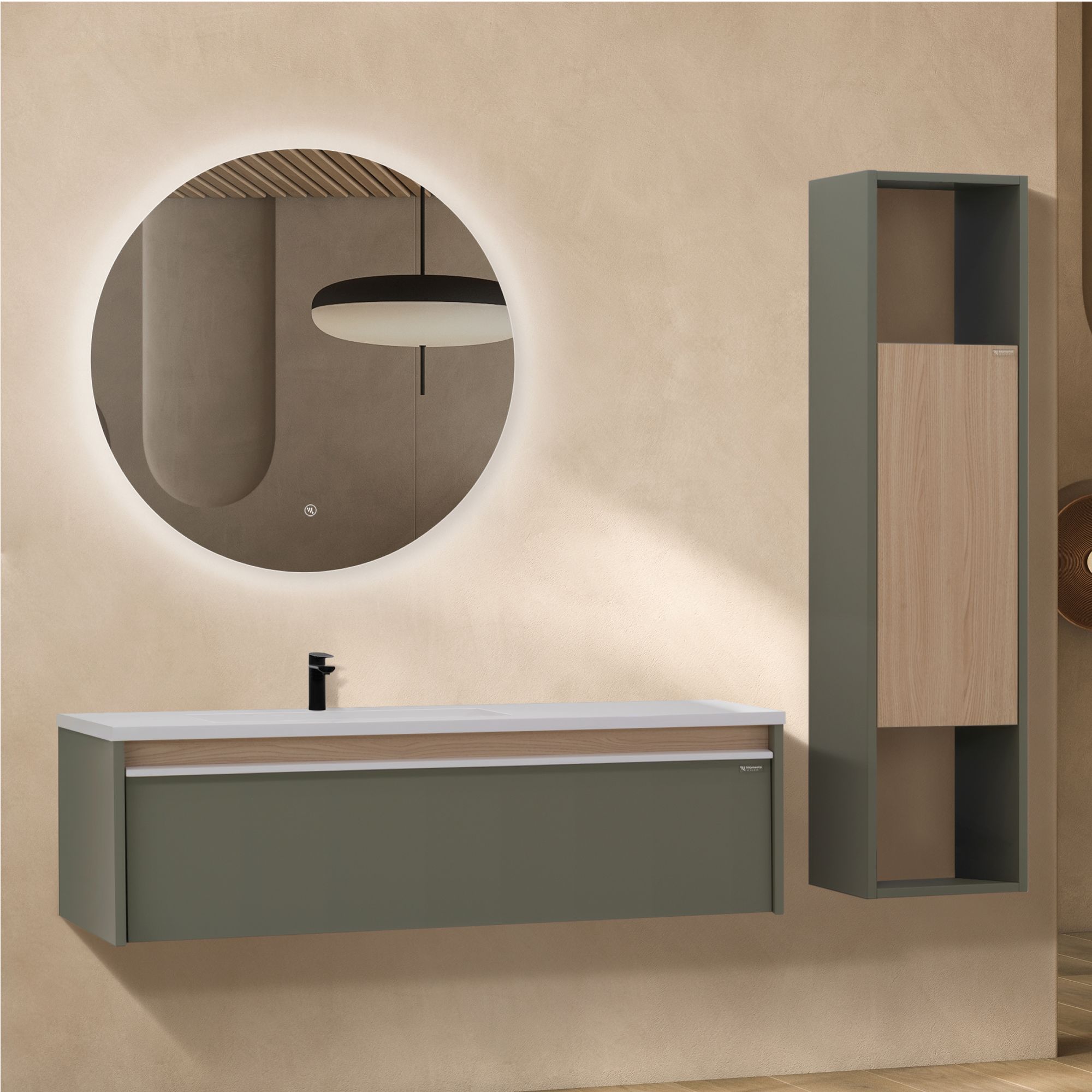 Badezimmermöbel Nereia – 100 cm Unterschrank Eiche hell + LED-Rundspiegel Eiche – Badezimmermöbel Nereia – 100 cm Unterschrank hell + LED-Rundspiegel