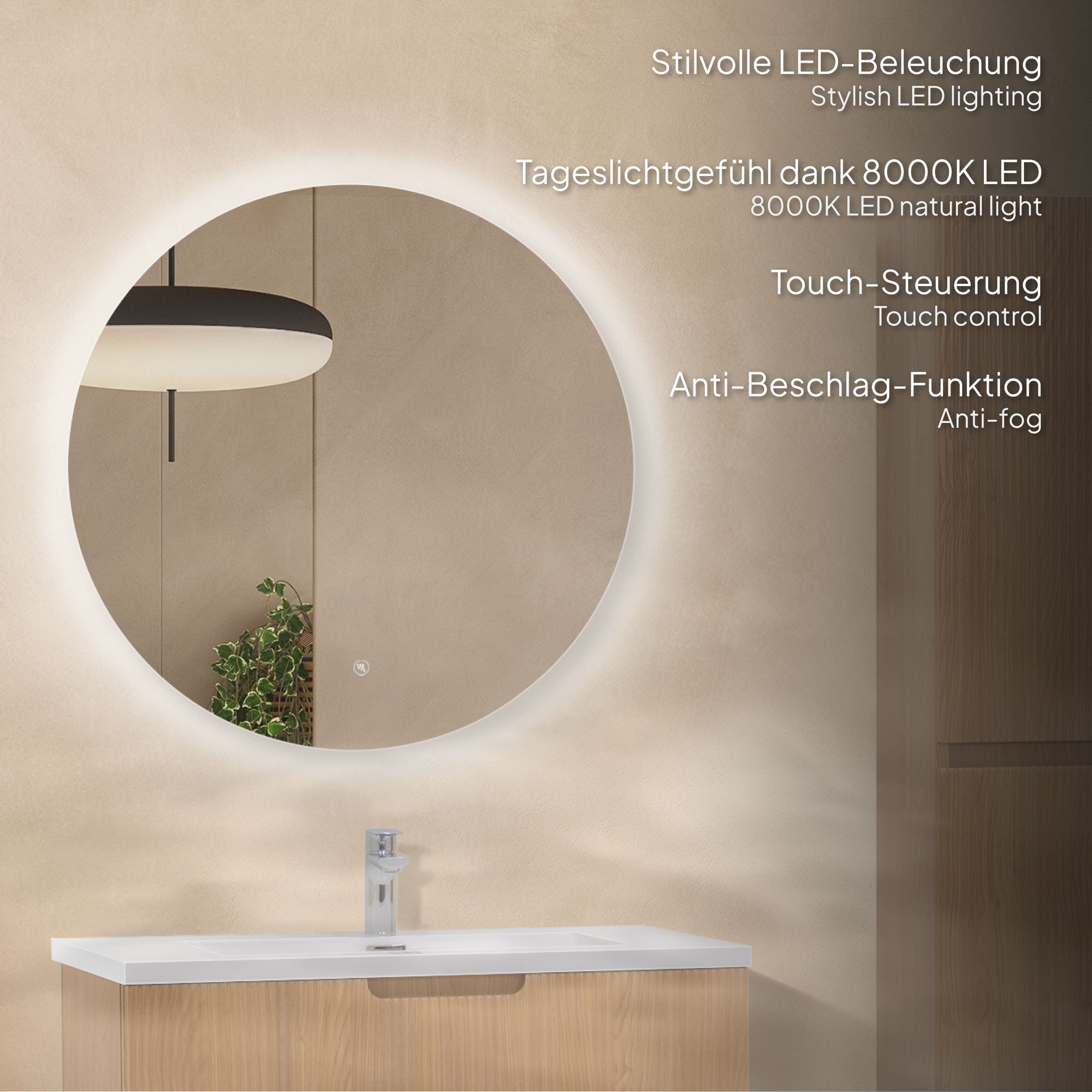 Badmöbelset Tália Modular – Weißer Resin-Waschtisch, Wandhängender Schrank, Rundspiegel & Seitenmodul (60/80/100 cm) 80 cm