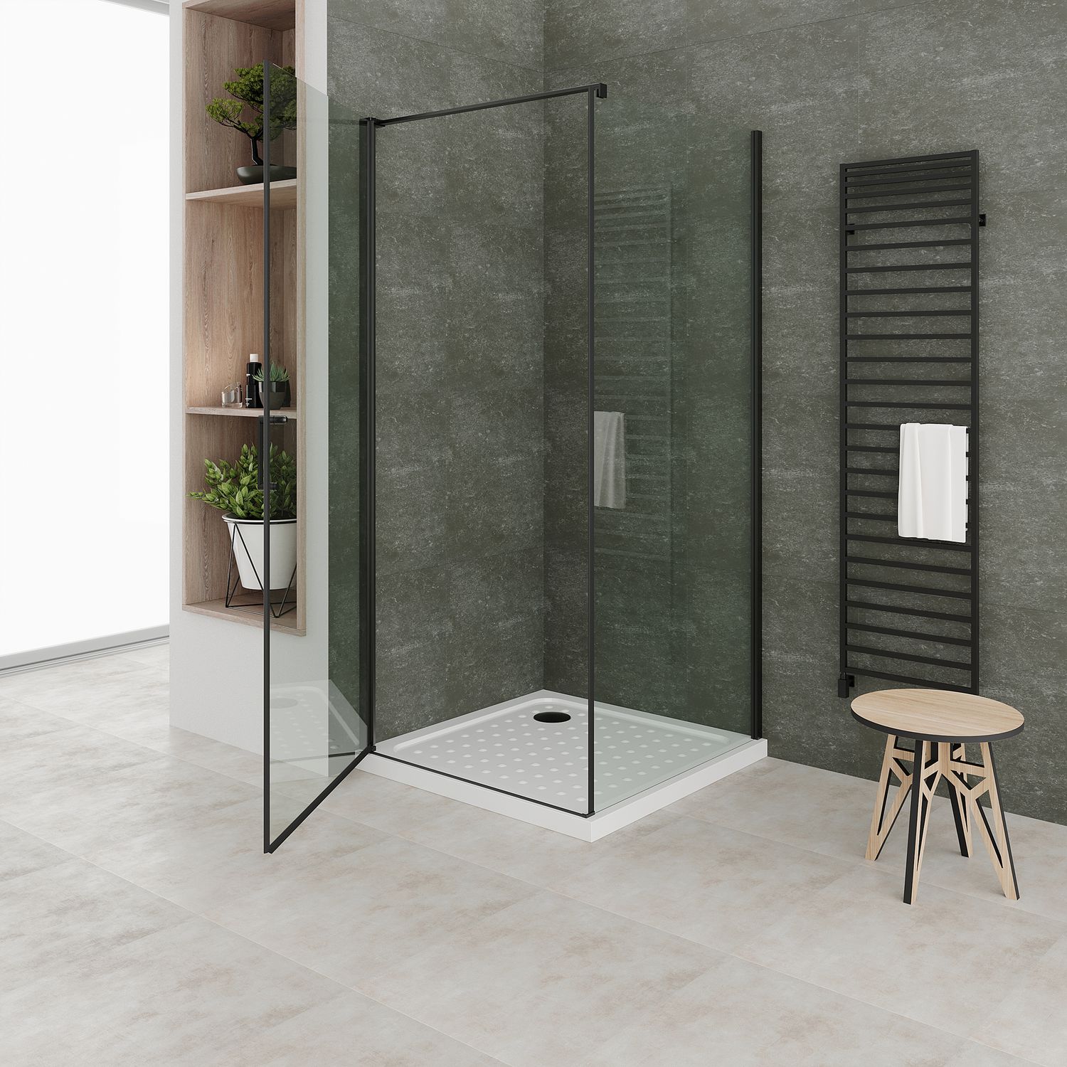 Fronteinstieg Hellen mit Klapptür und schwarzen Profilen aus ESG Sicherheitsglas