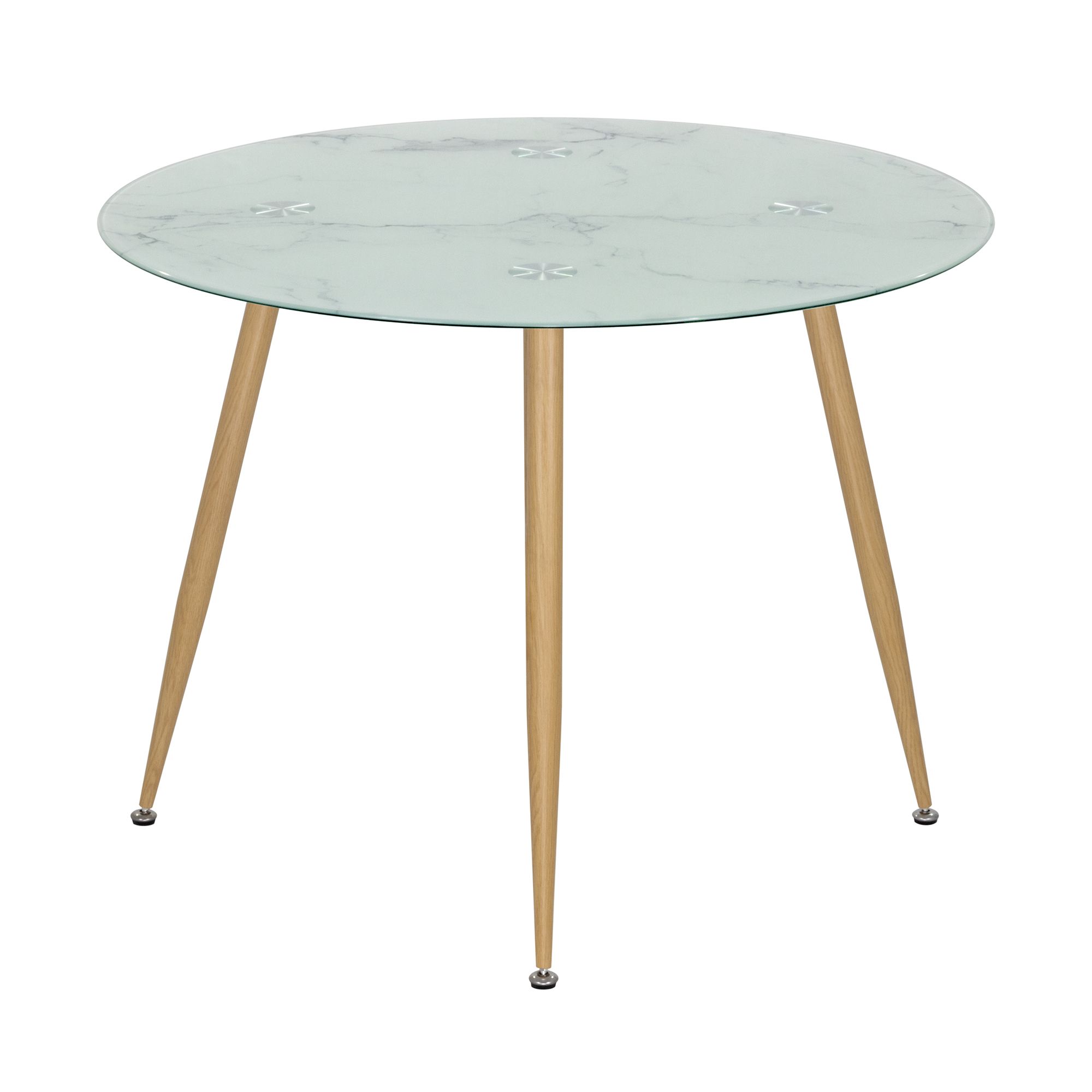 CORIN – Esszimmer-Tisch | Tischplatte: Glas in weißer Marmor Optik | Beine: Holz