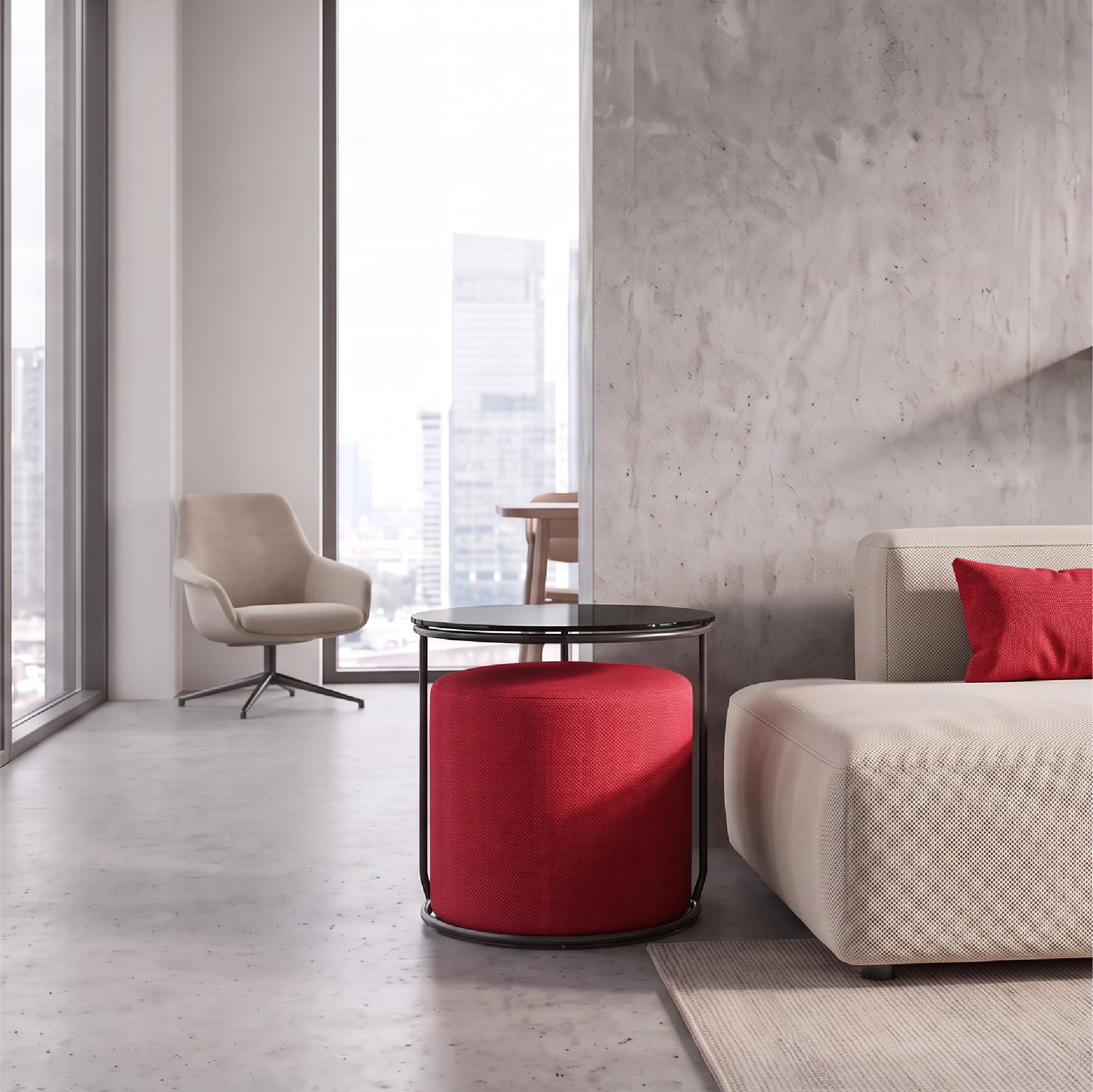 Side Table with Stool JASPER - Round Coffee Table 40x40 cm Black-Red N5