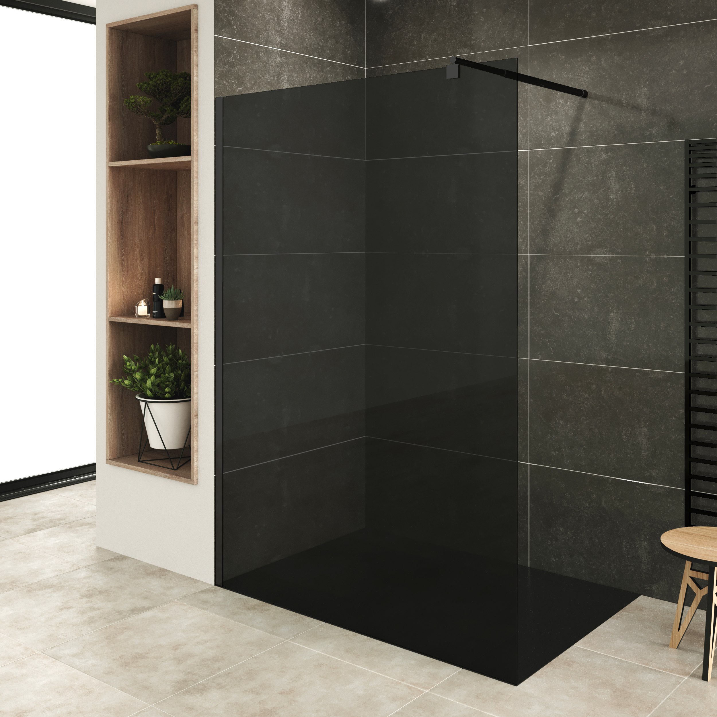 Walk In Dusche Fiona aus 10 mm starkem grauem ESG Sicherheitsglas und Aluminium Profil Schwarz 90x200 cm