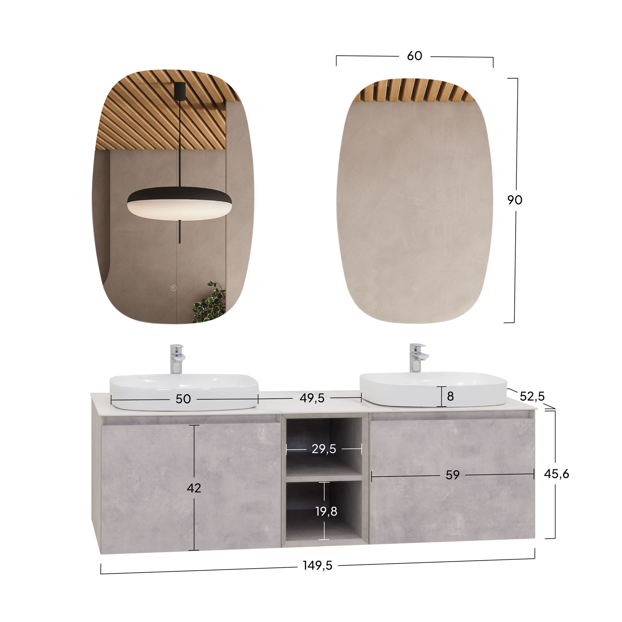 Badmöbelset Indra – Betonoptik, Calacatta-Porzellanplatte, Doppelwaschplätze & LED-Spiegel