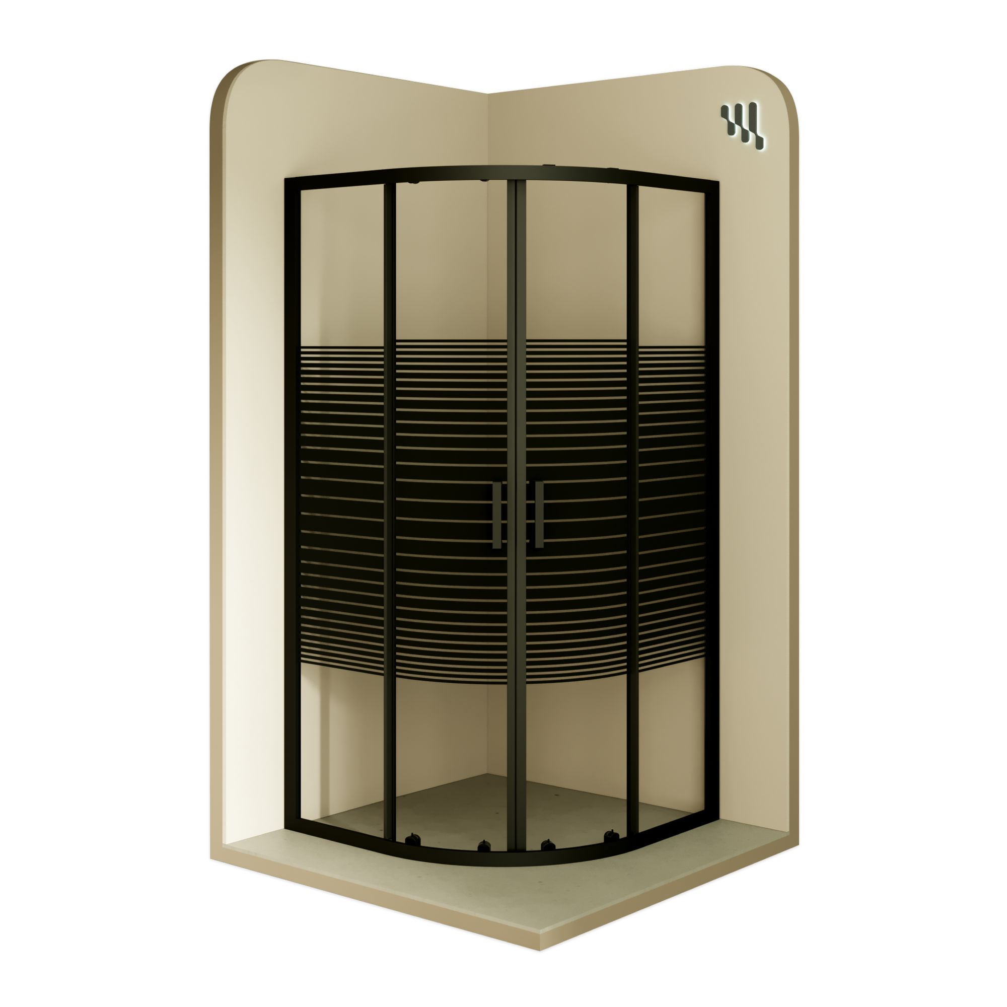 Viertelkreisdusche Ella mit Schiebetüren aus gestreiftem ESG Glas mit schwarzen Aluminium Profile Viertelkreisdusche Ella mit Schiebetüren aus gestreiftem ESG Glas mit schwarzen Aluminium Profile