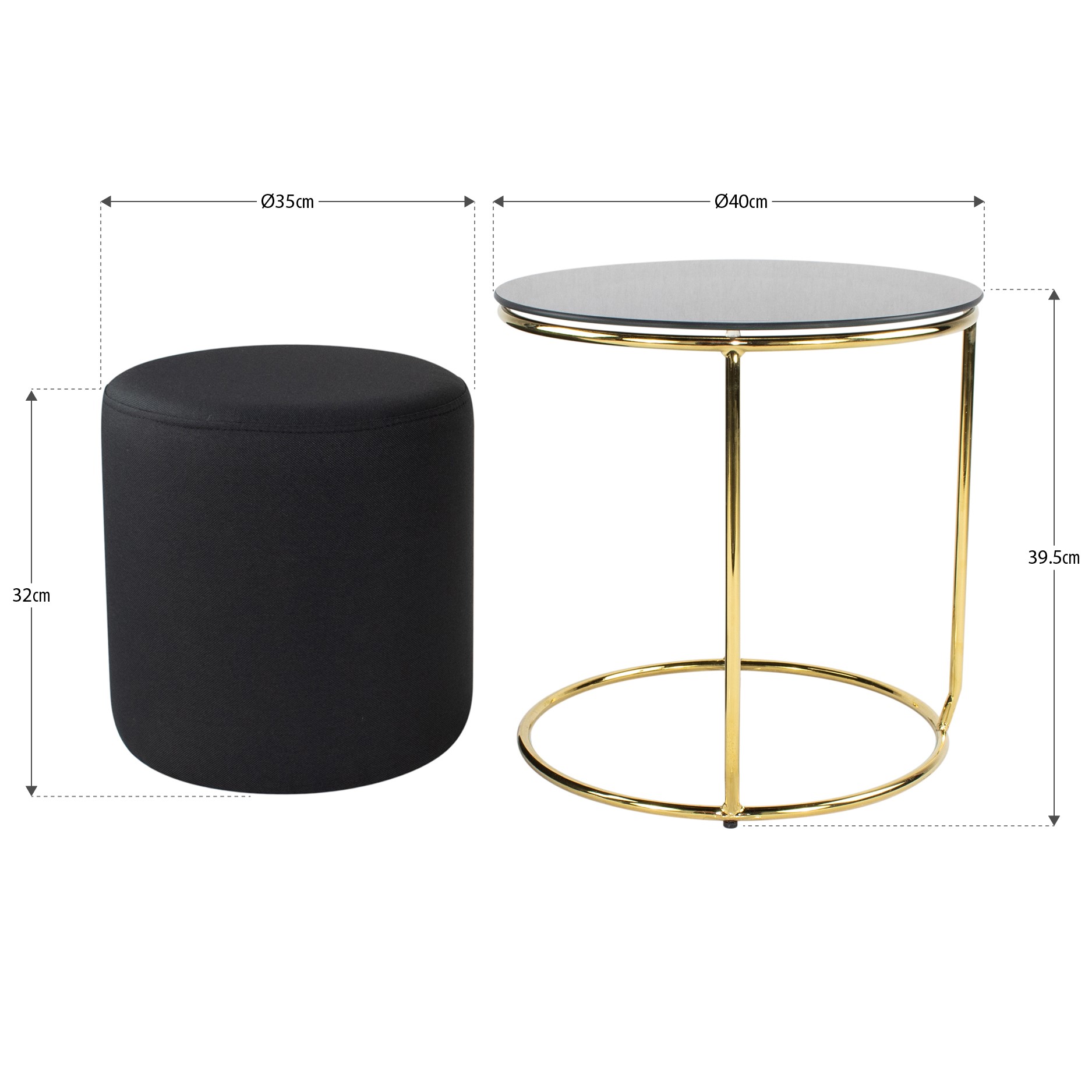 Side Table with Stool JASPER - Round Coffee Table 40x40 cm Gold-Black N3
