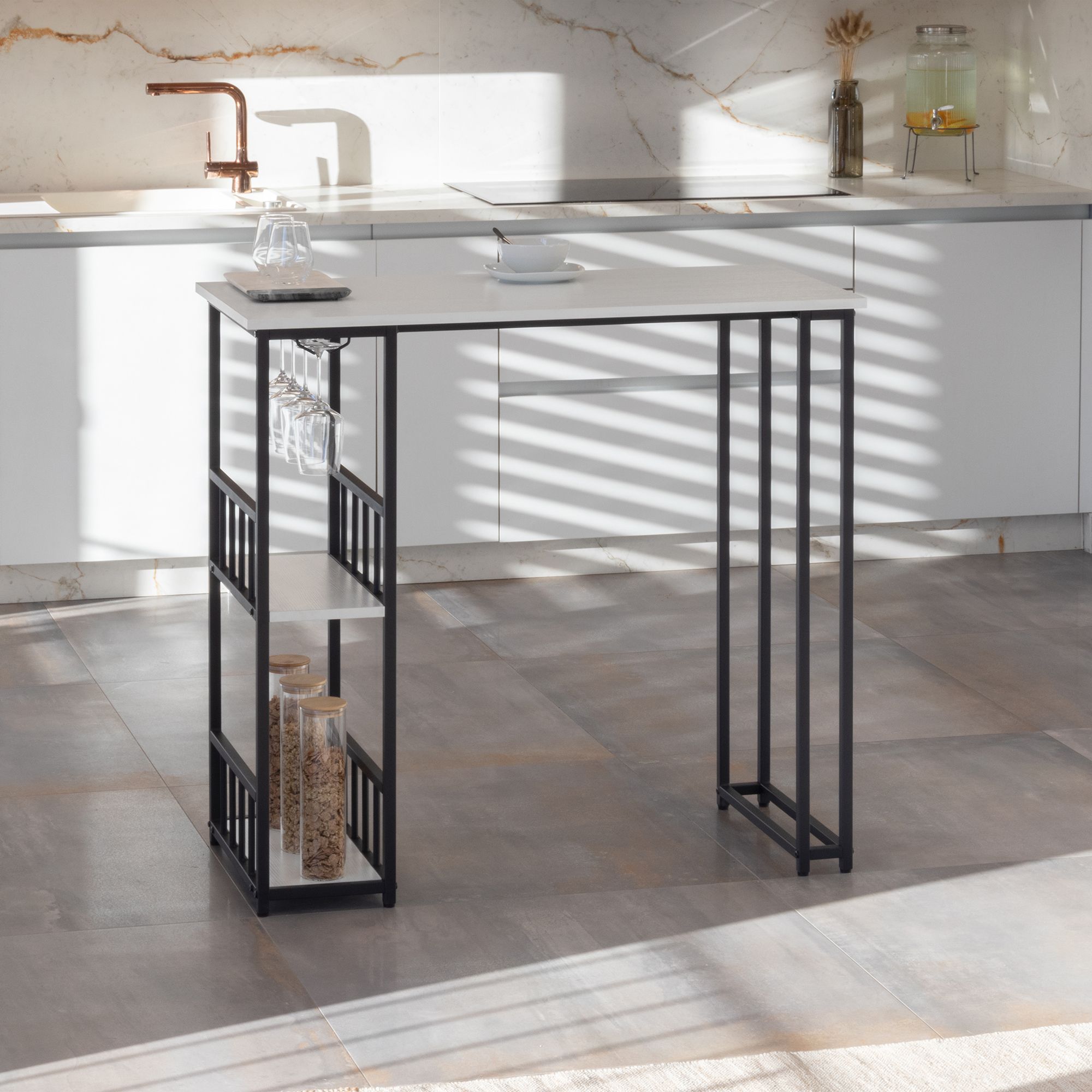 i-flair Standing Table Bar Table Gavin – Standing Table with Steel Frame and 2 Shelves & Glass Holder in White