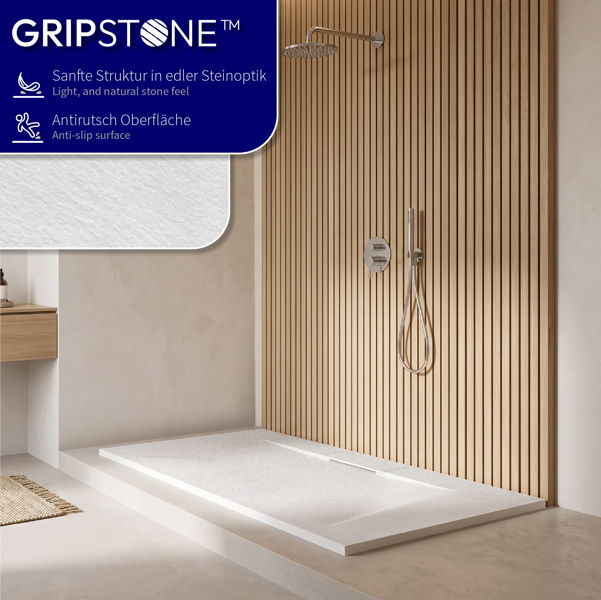 SMC Shower Tray Polar in Stone Look with Drain Assembly - White