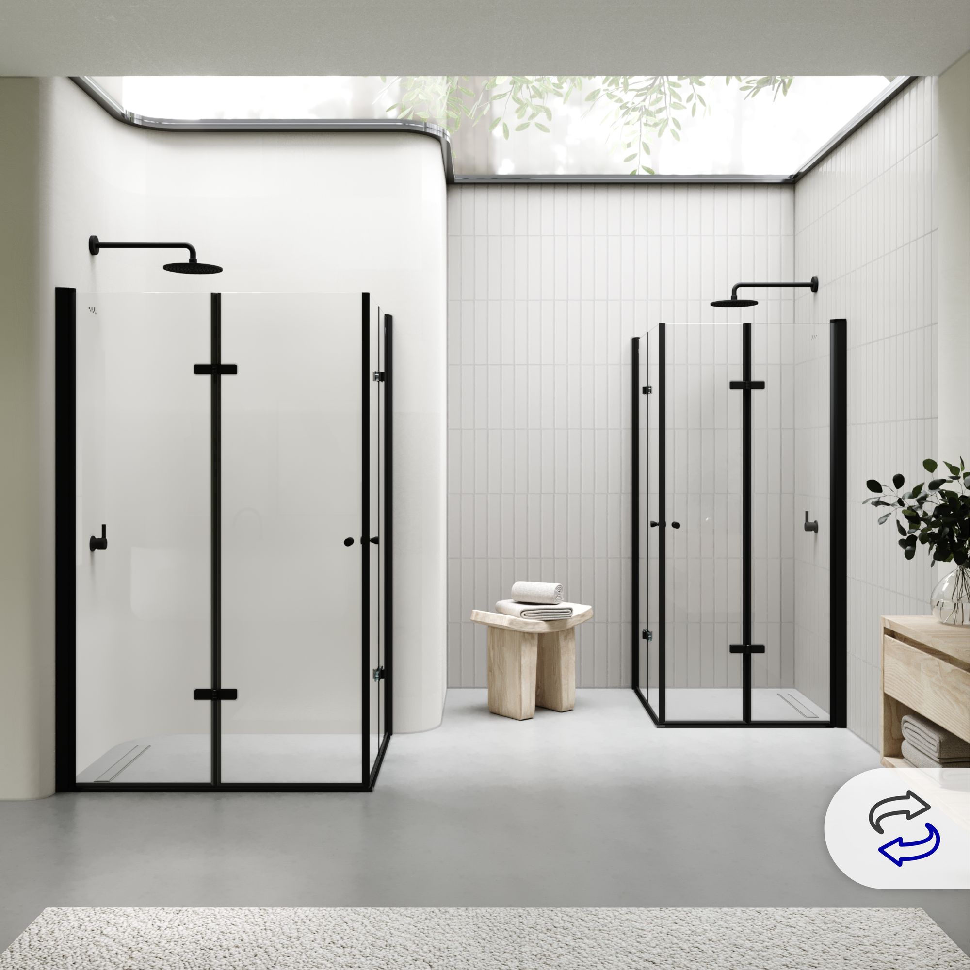 Eckeinstieg Emma BLACK mit Falttüren aus ESG Sicherheitsglas Emma – Corner Entry BLACK with Folding Doors made of ESG Safety Glass