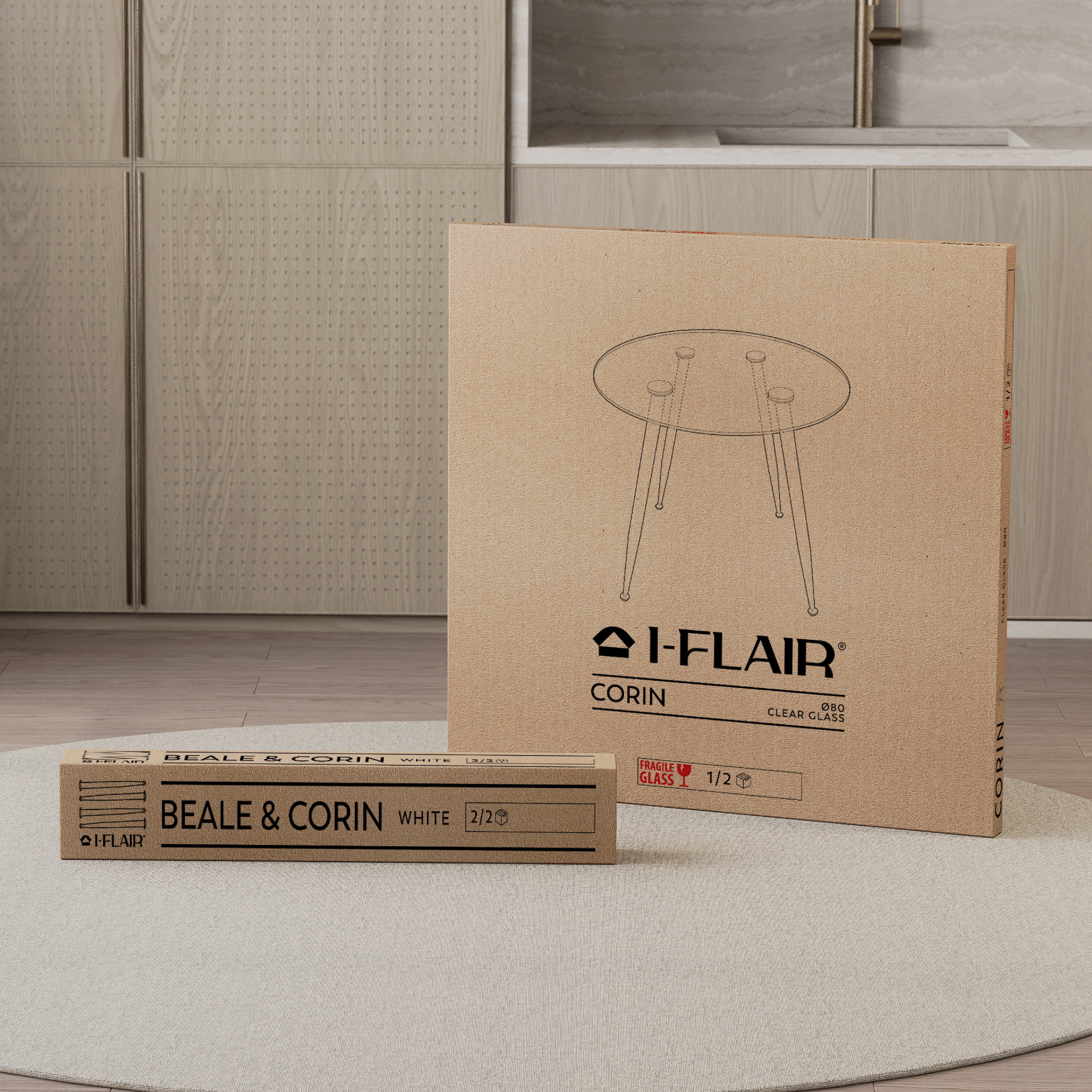 CORIN – Esszimmer-Tisch | Tischplatte: Transparentes Glas | Beine: Weiß