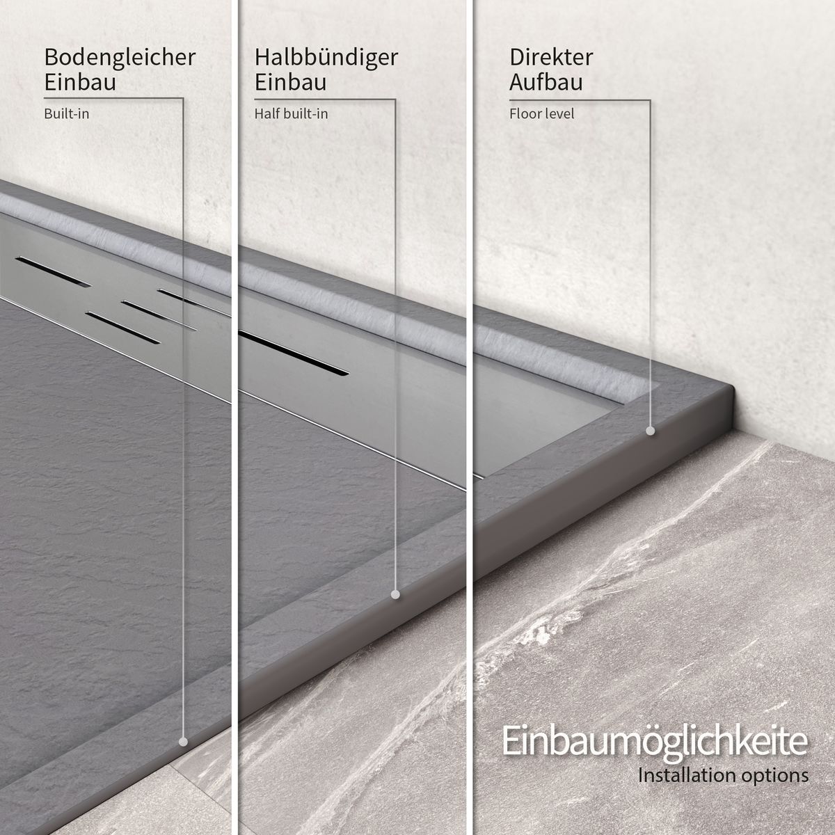 SMC Duschwanne Hiemal in Schieferoptik inkl. Ablaufgarnitur Grau mit Edelstahldeckel 100x100 cm SMC Duschwanne Hiemal in Schieferoptik inkl. Ablaufgarnitur Grau mit Edelstahldeckel 90x90 cm