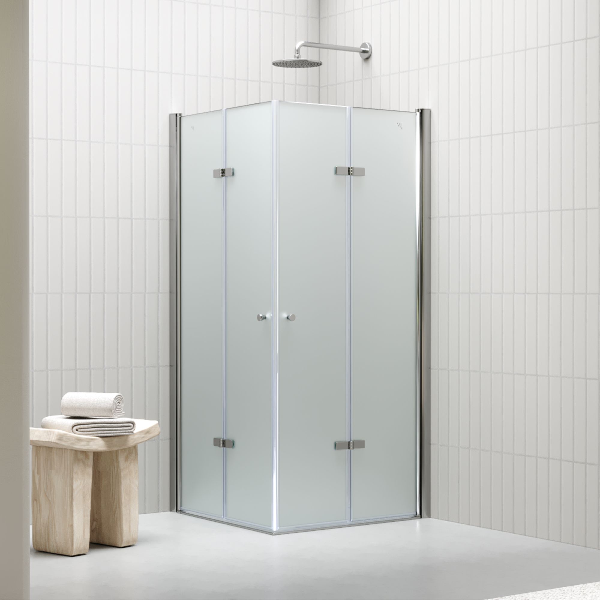 Eckeinstieg Emma mit Falttüren aus satiniertem ESG Sicherheitsglas Emma – Corner Entry with Folding Doors made of Satin-Finished Tempered Safety Glass