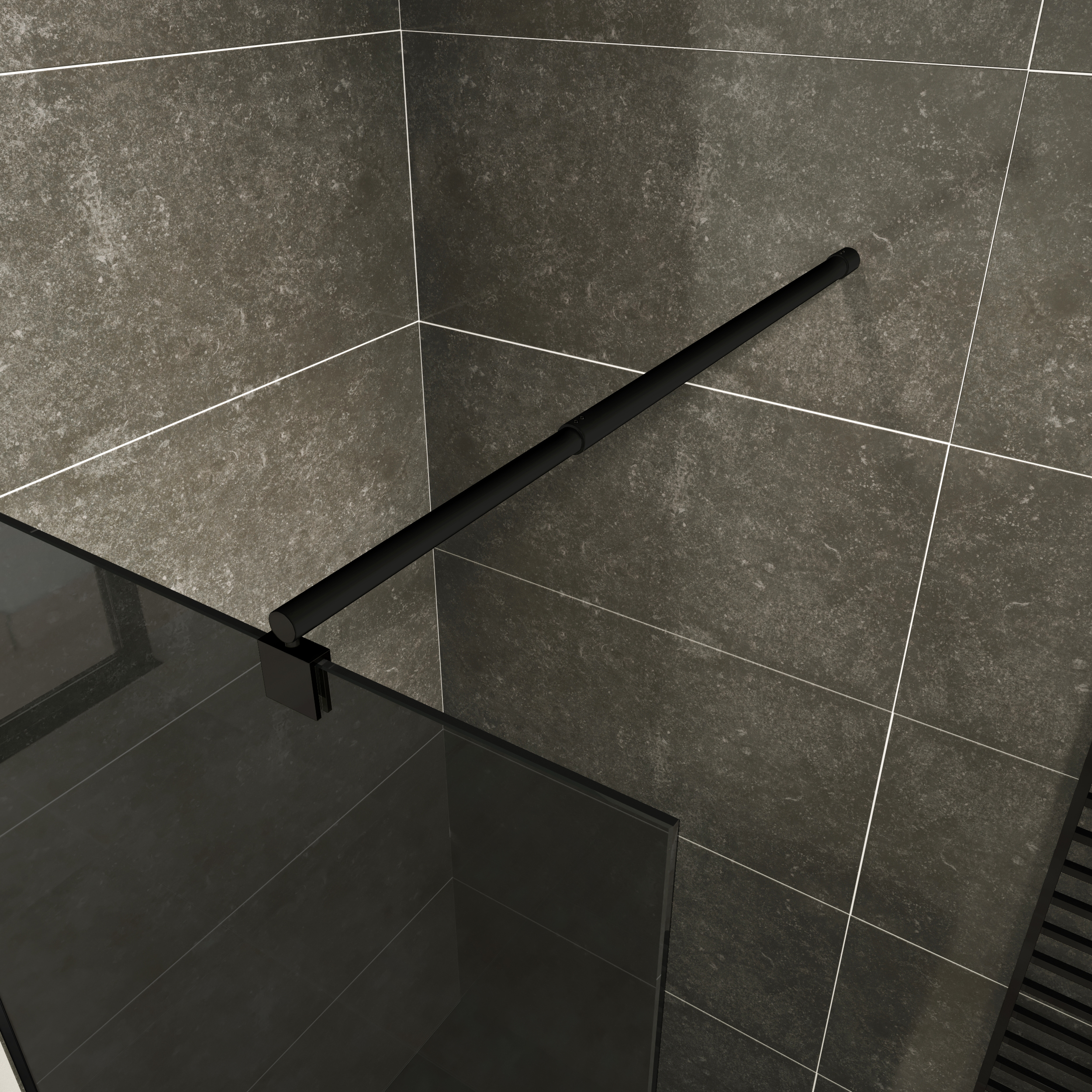 Walk In Duschabtrennung FIONA BLACK aus 10 mm starkem grauem ESG Sicherheitsglas Walk-In Shower Fiona made of 10 mm thick gray ESG safety glass and black aluminum profile.