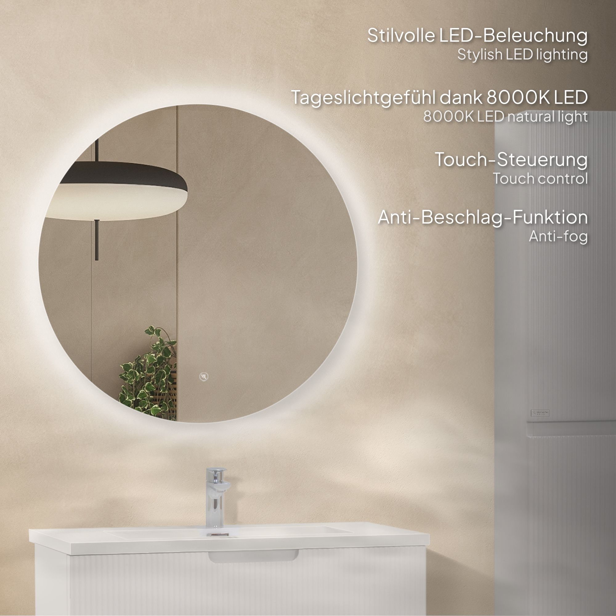 Badmöbelset Tália Modular – Weißer Resin-Waschtisch, Wandhängender Schrank, Rundspiegel & Seitenmodul (60/80/100 cm) 100 cm Badmöbelset Tália Modular – Weißer Resin-Waschtisch, Wandhängender Schrank, Rundspiegel & Seitenmodul (60/80/100 cm) 80 cm