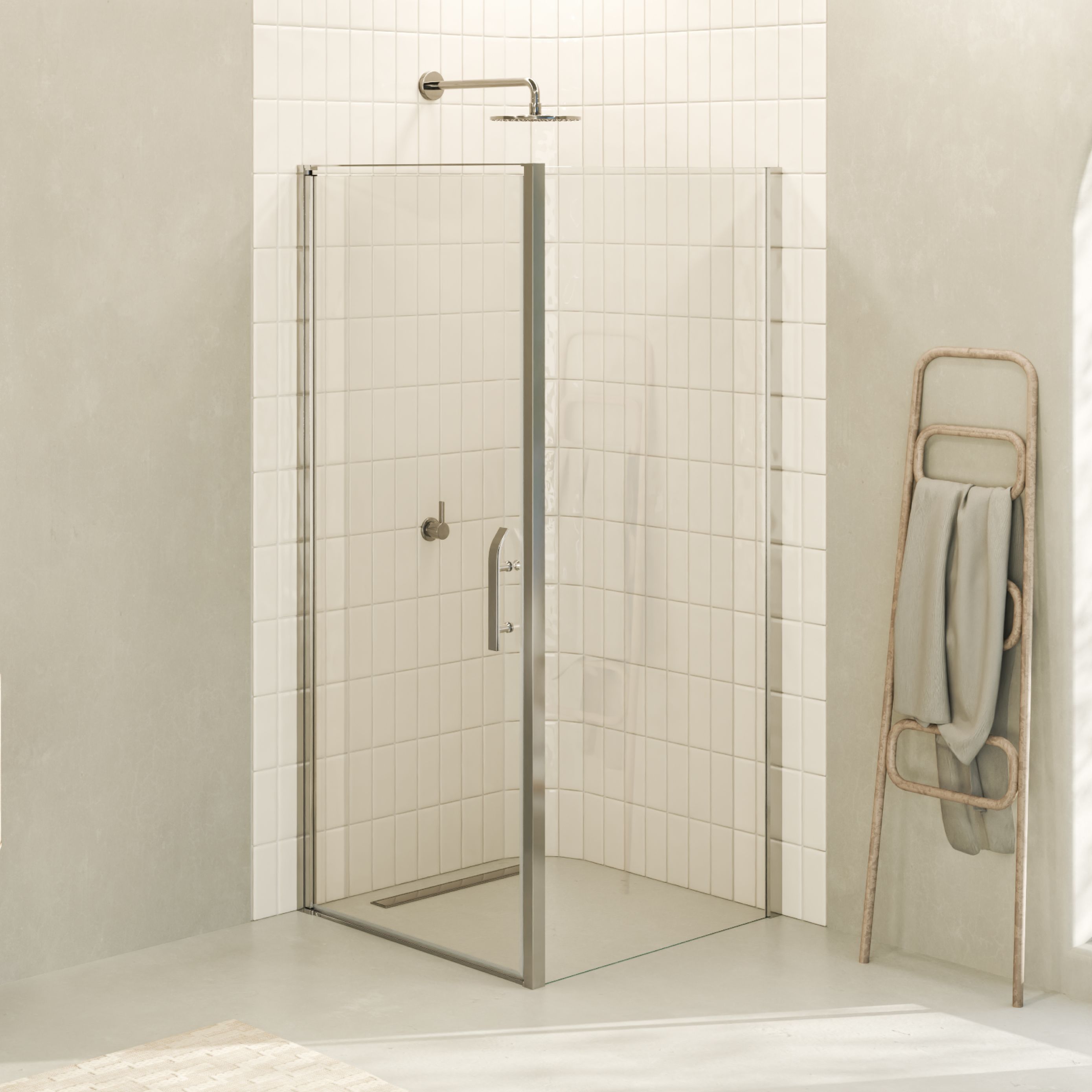 Front-entry Nicole with folding door made of 8 mm tempered safety glass. Nicole – Fronteinstieg mit Klapptür aus 8 mm ESG Sicherheitsglas