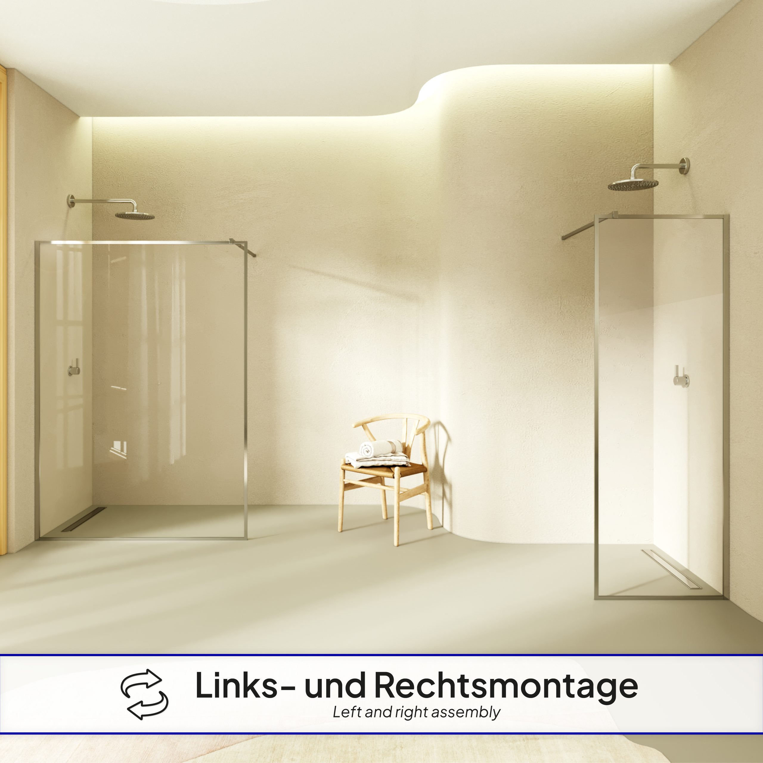 Walk-In Shower Gianna made of 8 mm thick transparent ESG safety glass. Gianna – Walk In Dusche aus 8 mm starkem durchsichtigem ESG Sicherheitsglas