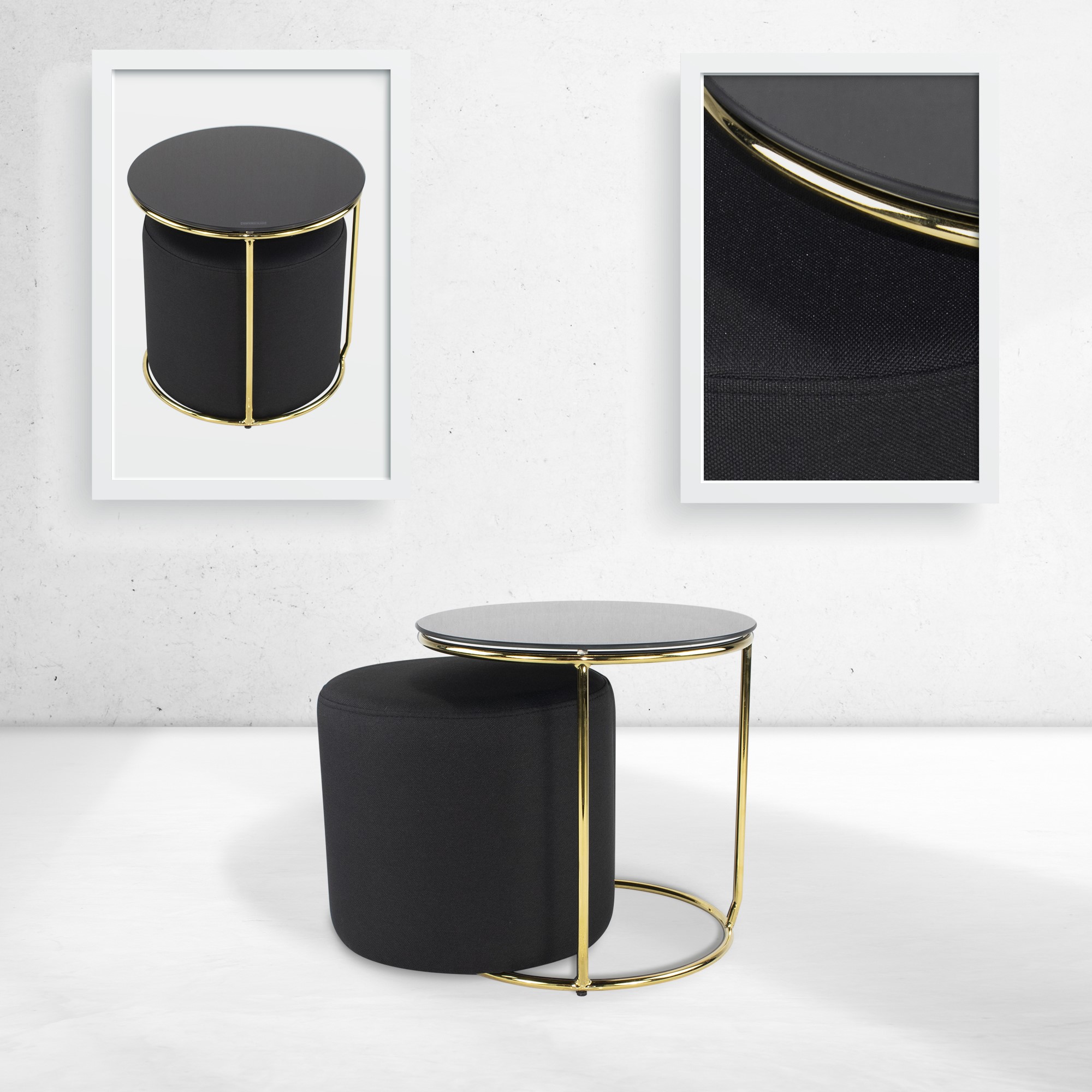 Beistelltisch mit Hocker JASPER runder Couchtisch 40x40 cm Gold-Schwarz N3 JASPER – Side Table with Stool - Round Coffee Table 40x40 cm Gold-Black N3