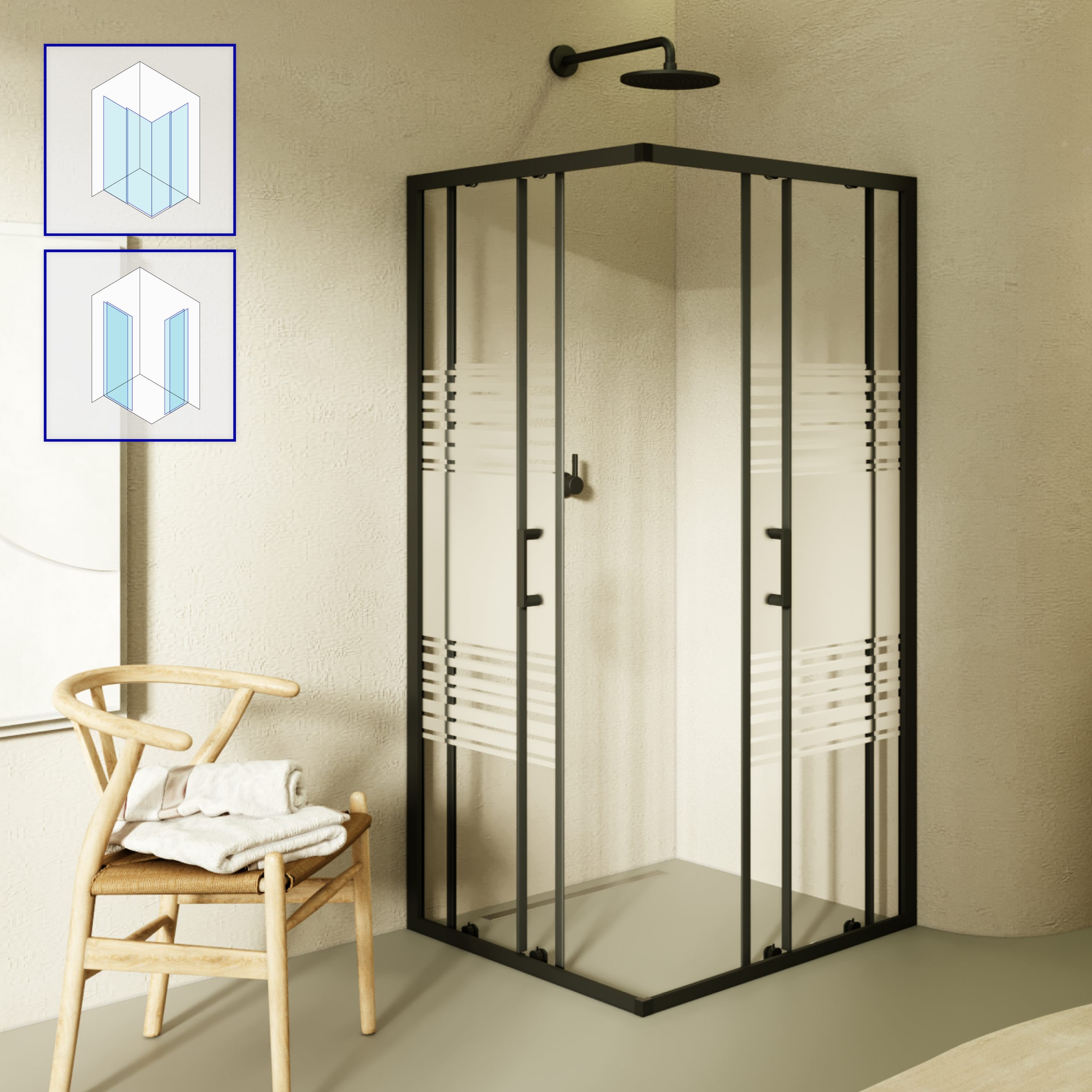 Corner entry Danielle with sliding doors made of partially frosted ESG safety glass.