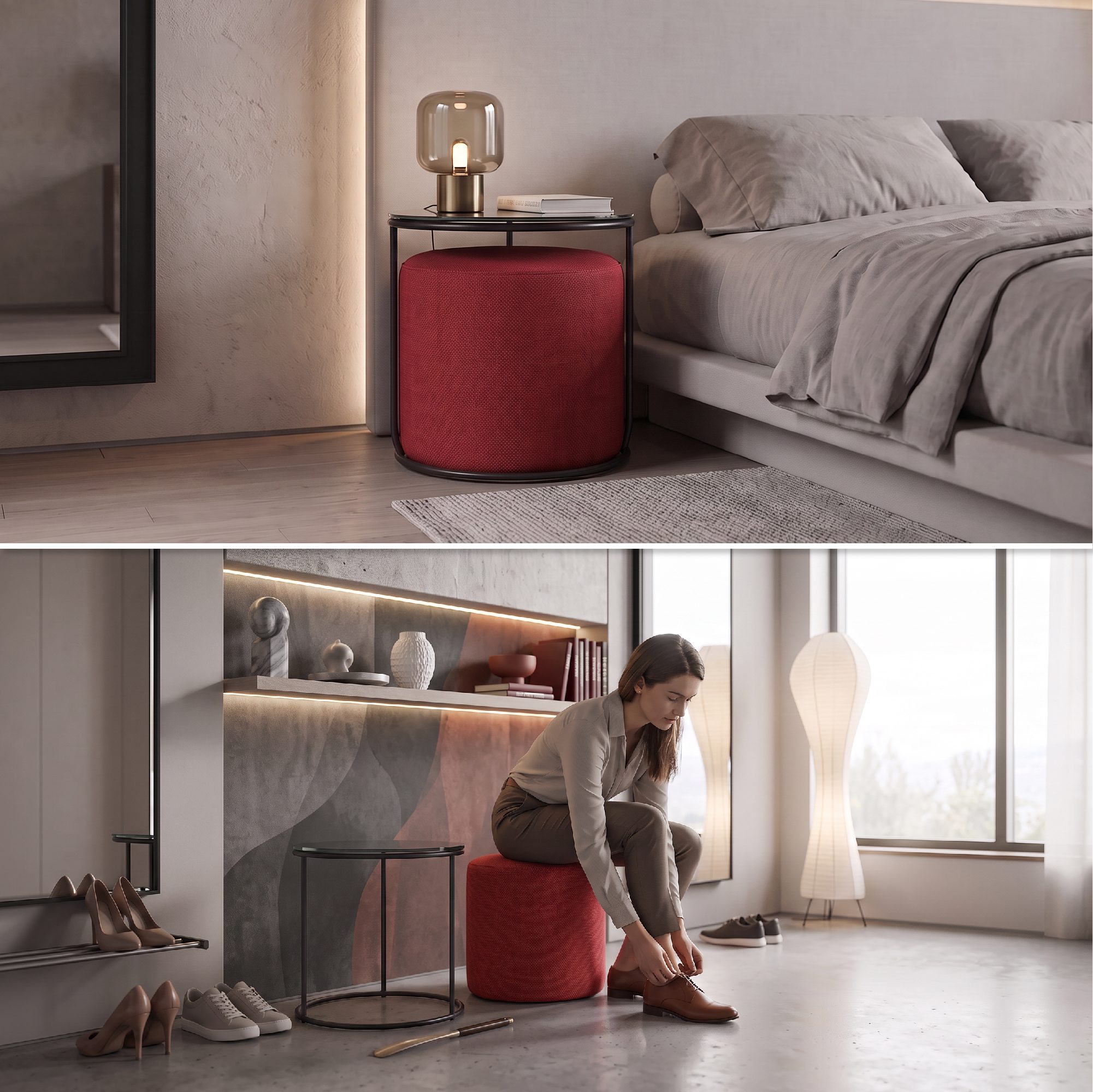 Side Table with Stool JASPER - Round Coffee Table 40x40 cm Black-Red N5