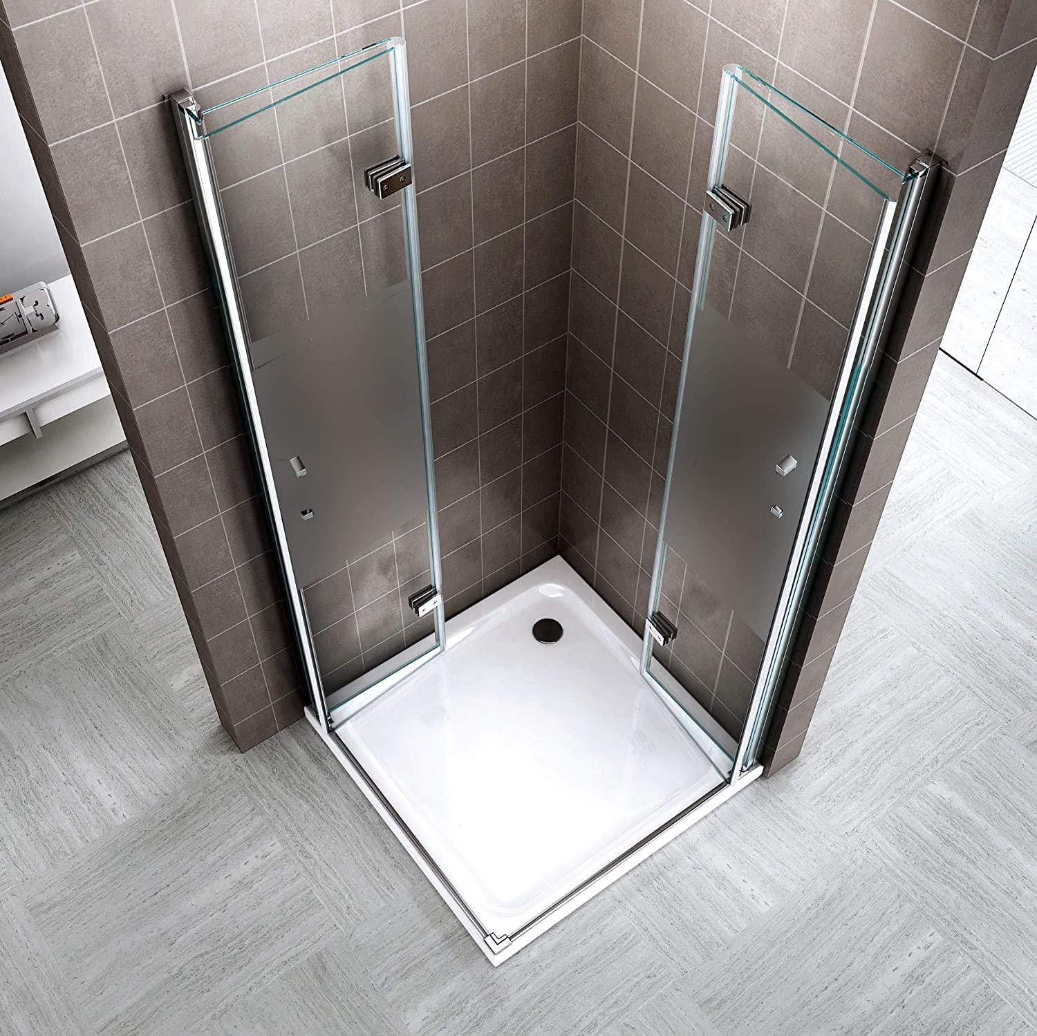 Eckeinstieg Matilde mit Falttüren aus teilsatiniertem ESG Sicherheitsglas Eckeinstieg Matilde mit Falttüren aus teilsatiniertem ESG Sicherheitsglas