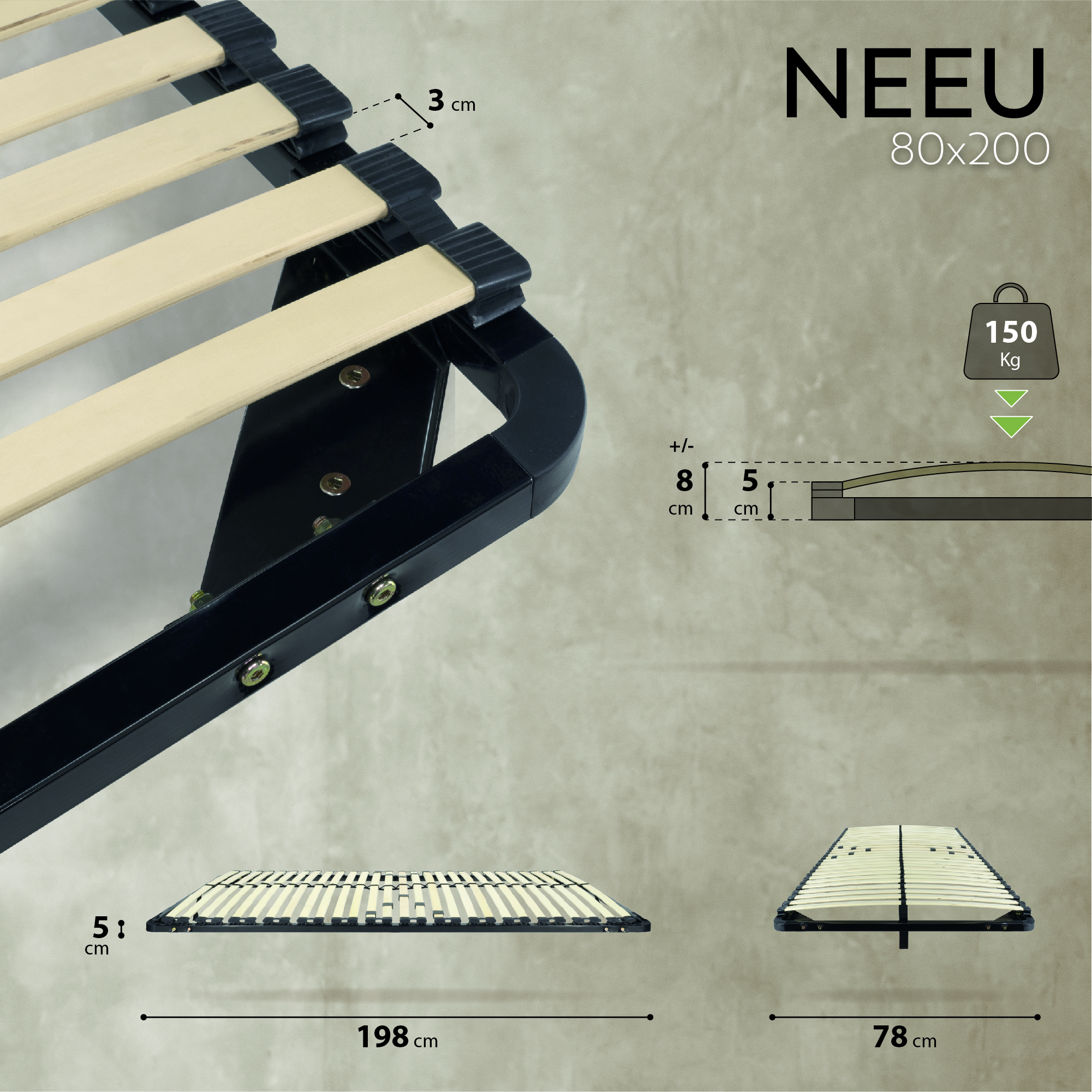 NEEU Slatted Frame with Sturdy Metal Frame - Suitable for All Mattresses