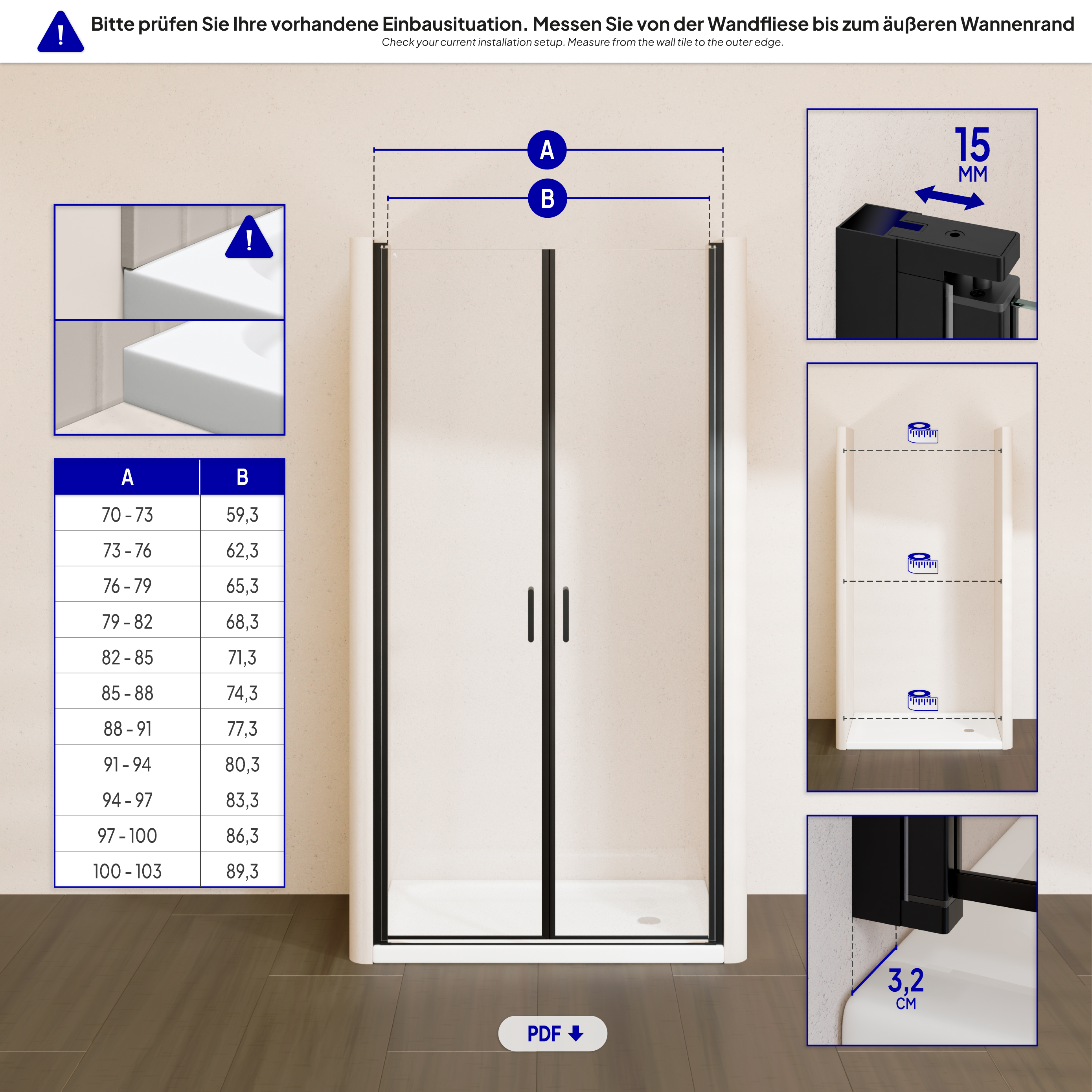 Shower Door Stella with Hinged Doors Made of Tempered Safety Glass Shower Door Stella Black with Hinged Doors and Black Profiles Made of ESG Safety Glass