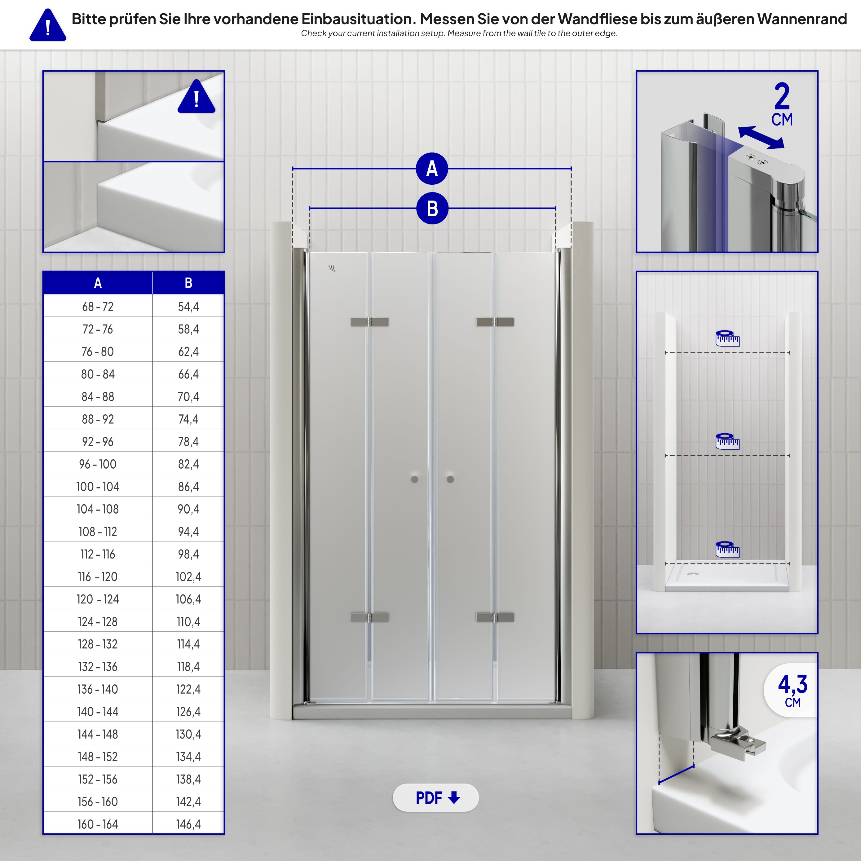 Shower Door Lena with Folding Panels Made of Satin-Finished ESG Safety Glass Shower Door Lena with Folding Panels Made of Satin-Finished ESG Safety Glass