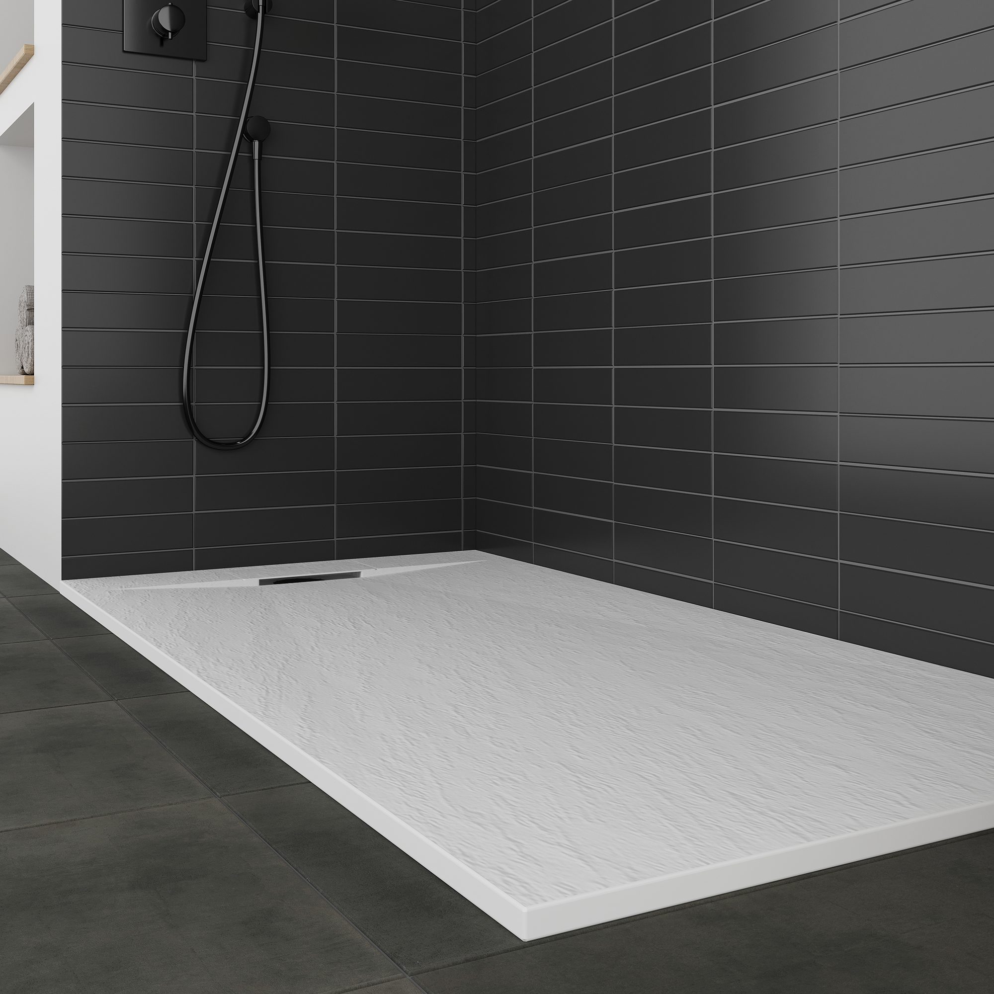 SMC Shower Tray Polar in Stone Look with Drain Assembly - White