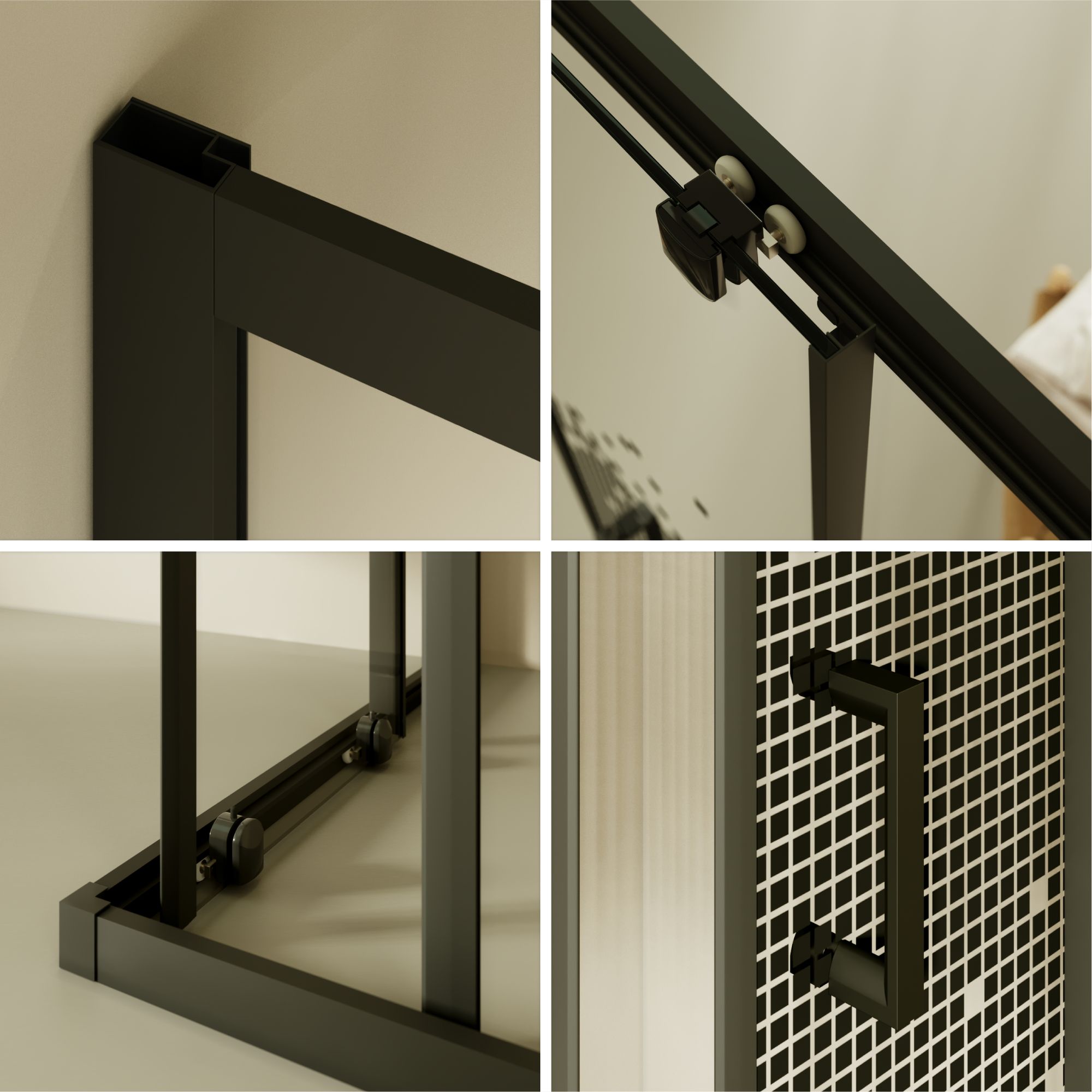 Eckeinstieg Danielle mit Schiebetüren aus schwarz kariertem ESG Sicherheitsglas Eckeinstieg Danielle mit Schiebetüren aus schwarz kariertem ESG Sicherheitsglas