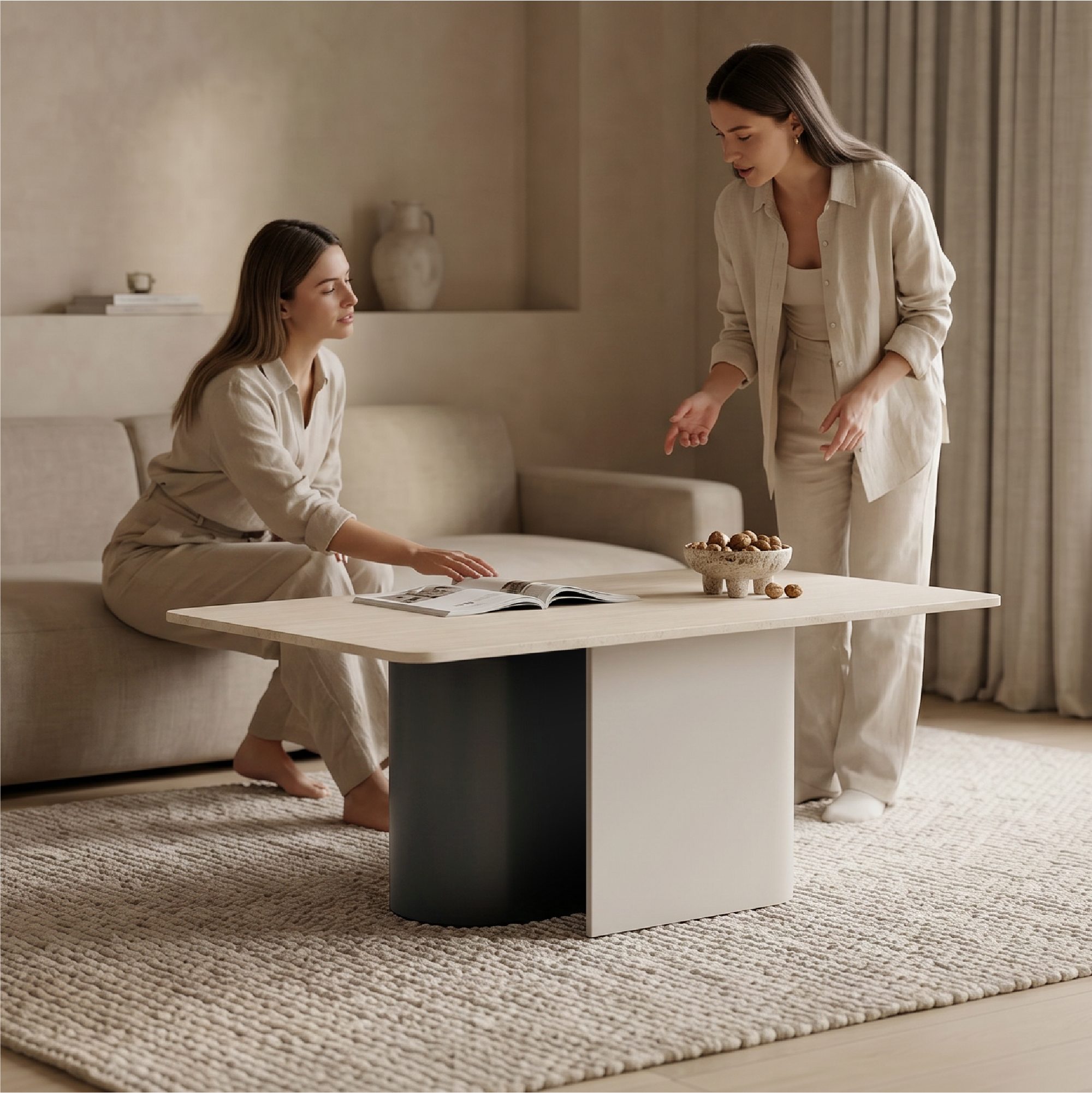 Quarles – Moderner Couchtisch mit Keramikplatte in heller Steinoptik