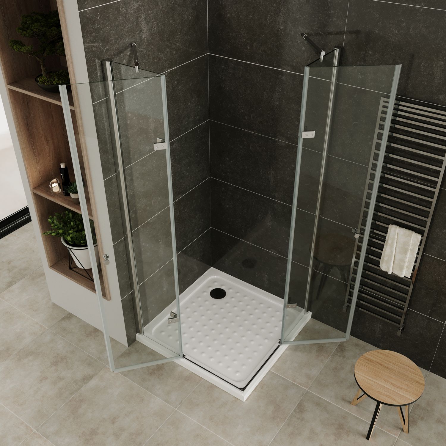 Eckeinstieg Maria mit Klapptüren aus 8 mm ESG Sicherheitsglas Eckeinstieg Maria mit Klapptüren aus 8 mm ESG Sicherheitsglas