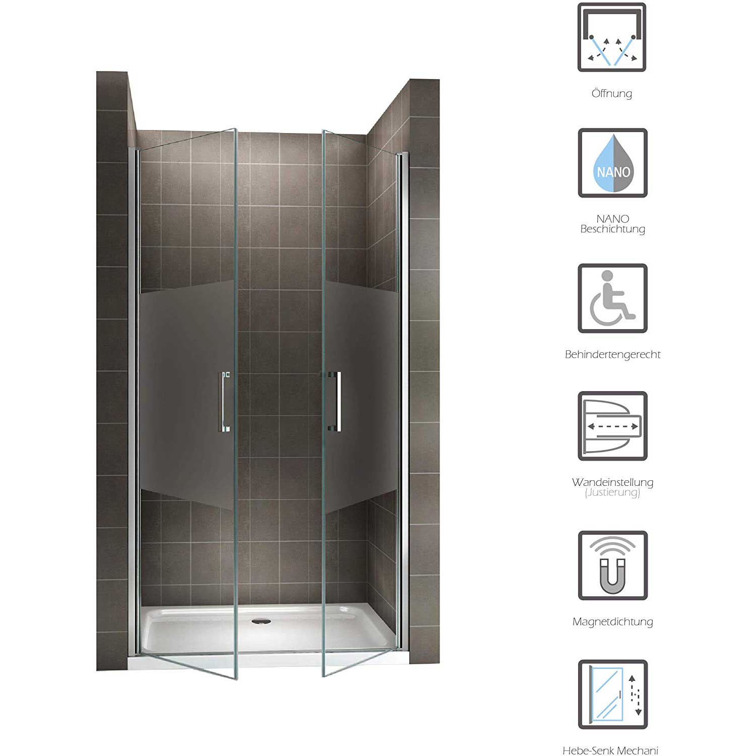 Duschtür Lara mit Pendeltüren und Edelstahlgriffe 68-140 cm aus teilsatiniertem ESG Sicherheitsglas