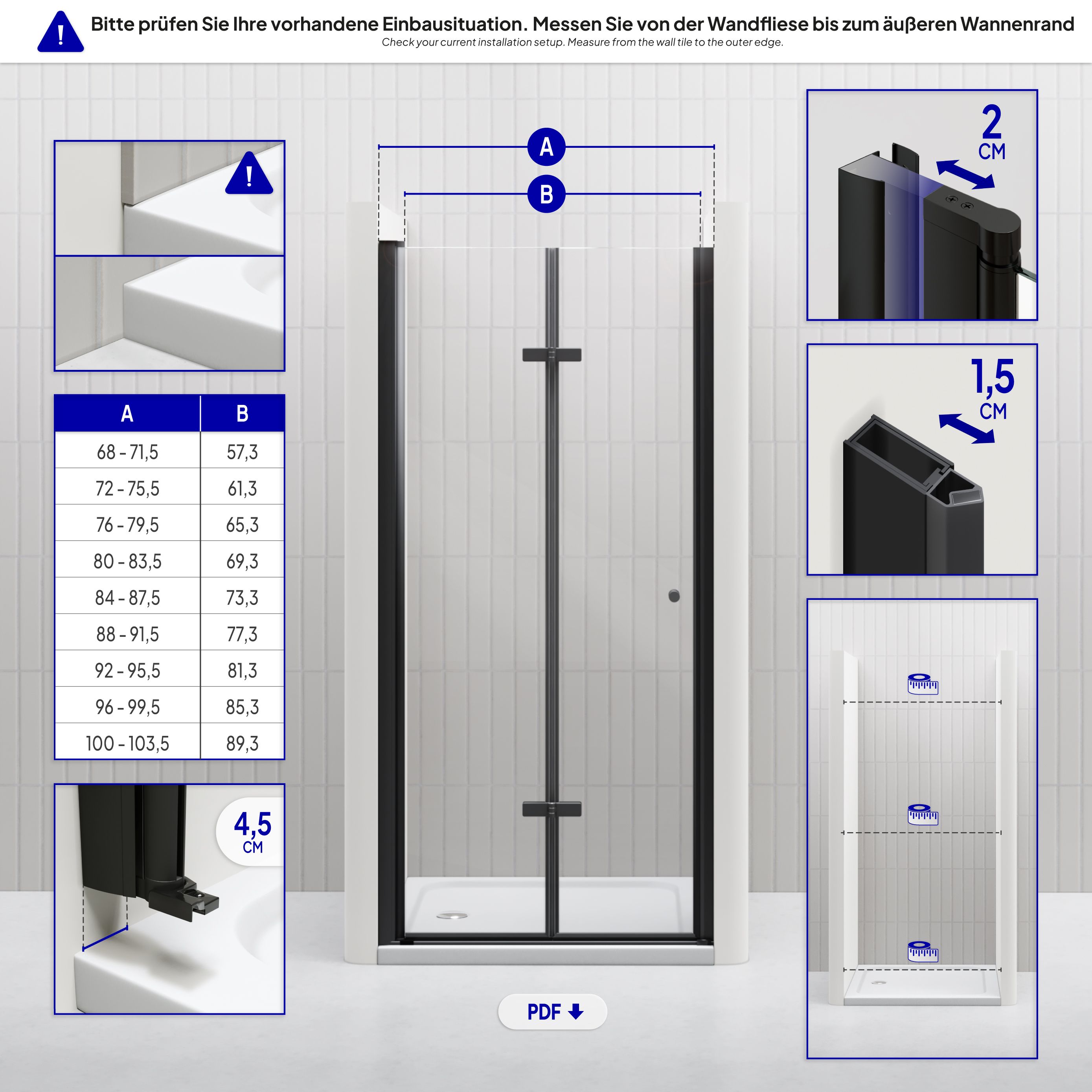 Shower Door Mila with Folding Door made of Clear ESG Safety Glass BLACK EDITION Shower Door Mila with Folding Door made of Clear ESG Safety Glass BLACK EDITION