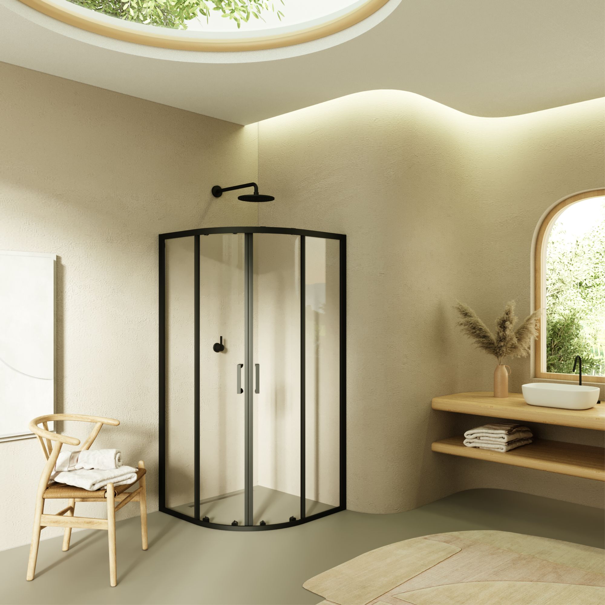Viertelkreisdusche Ella mit Schiebetüren und schwarzen Profilen aus ESG Sicherheitsglas
