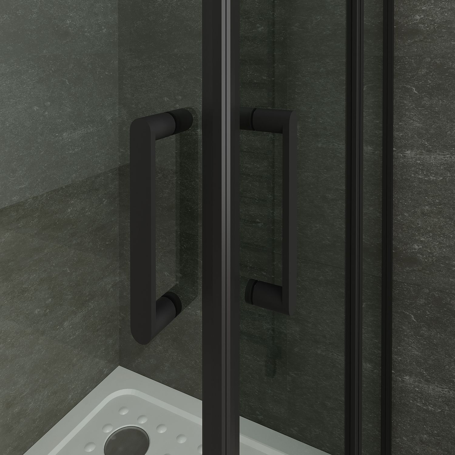 Eckeinstieg Linda mit Klapptüren und schwarzen Profilen aus ESG Sicherheitsglas Eckeinstieg Linda mit Klapptüren und schwarzen Profilen aus ESG Sicherheitsglas