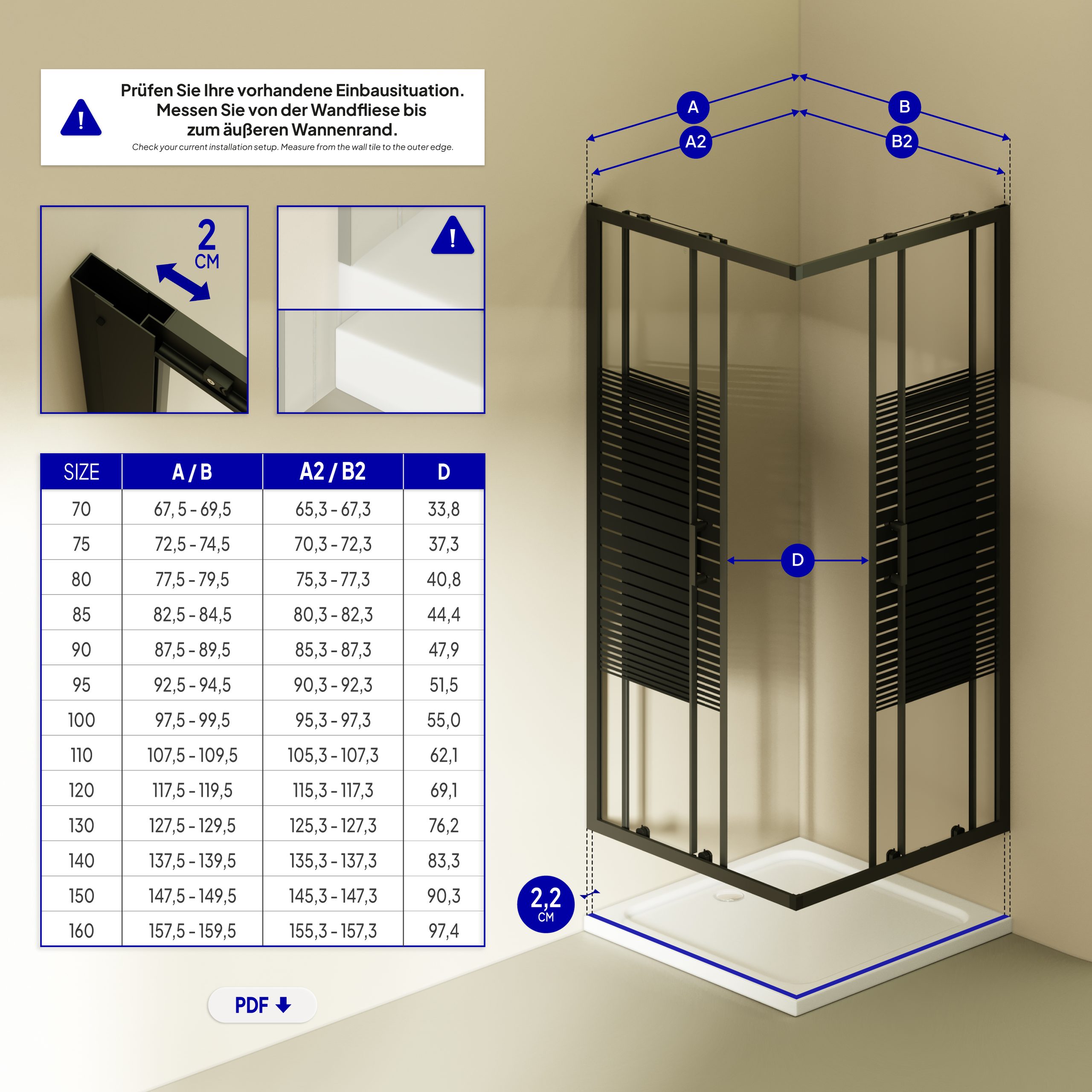 Corner entry Danielle with sliding doors made of black striped ESG safety glass.