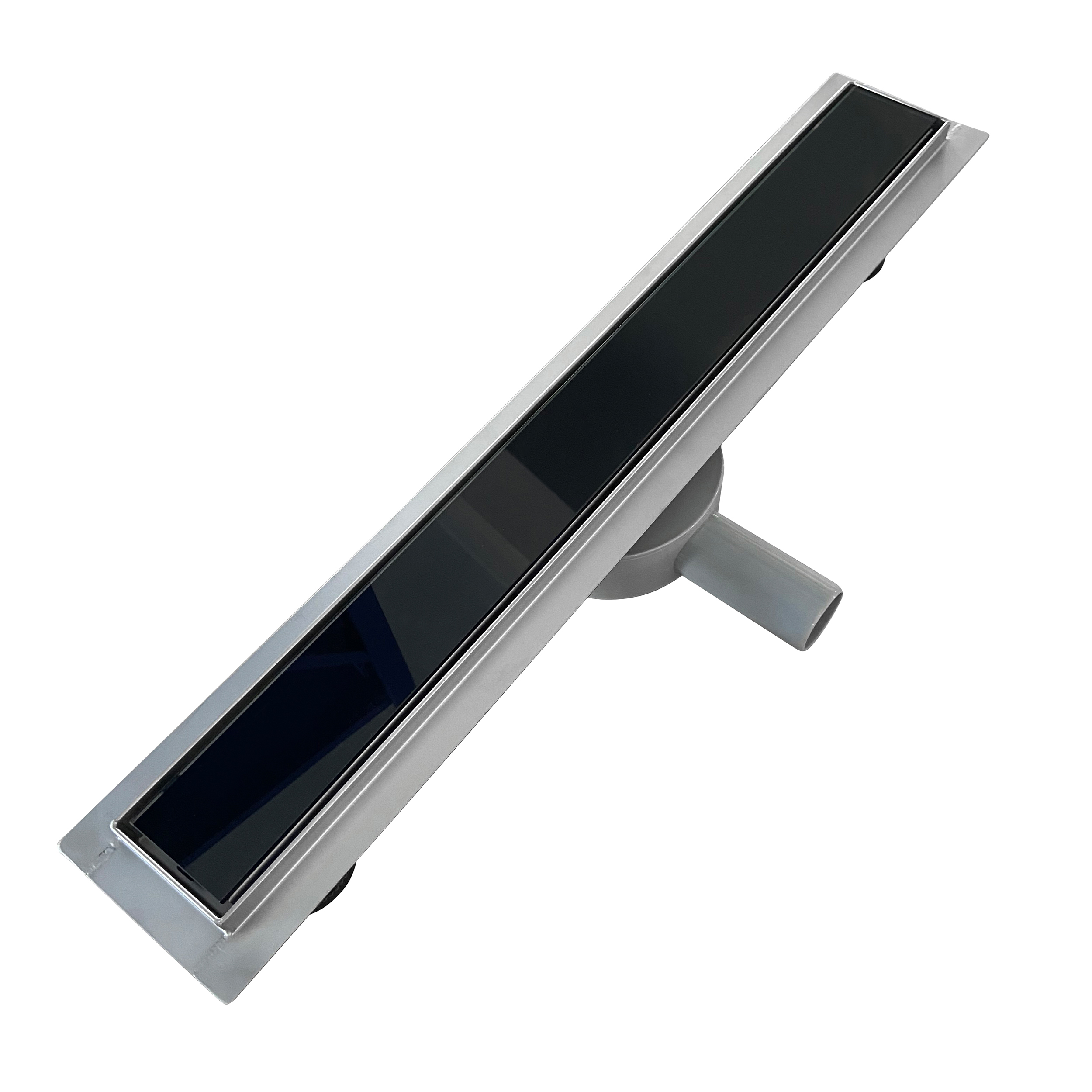 Duschrinne aus Edelstahl mit schwarzem Glas-Ablaufblende für flache Installation B2 Installation – Duschrinne aus Edelstahl mit schwarzem Glas-Ablaufblende für flache B2