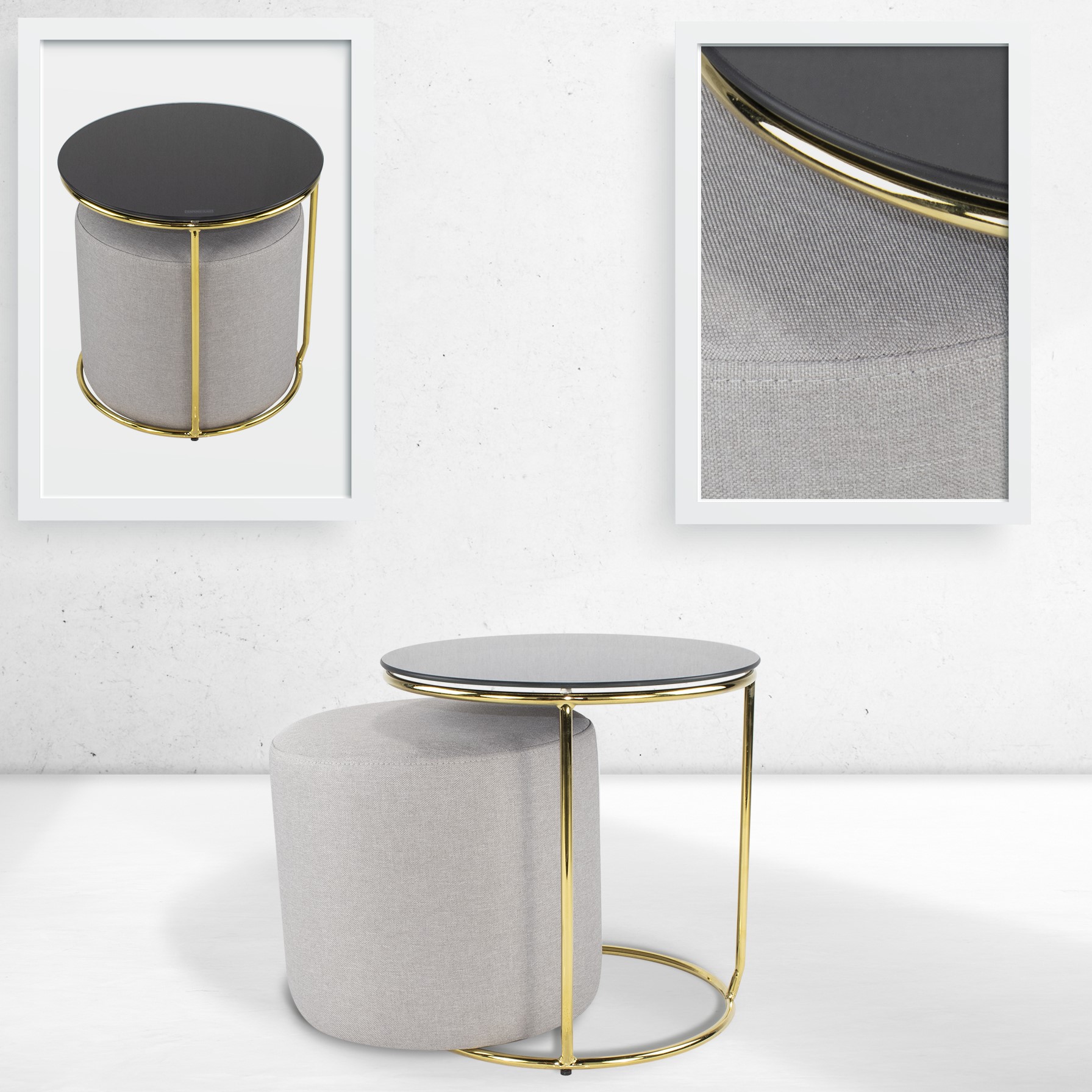 Beistelltisch mit Hocker JASPER runder Couchtisch 40x40 cm Gold-Grau N8 JASPER – Side Table with Stool Round Coffee Table 40x40 cm Gold-Grey N8