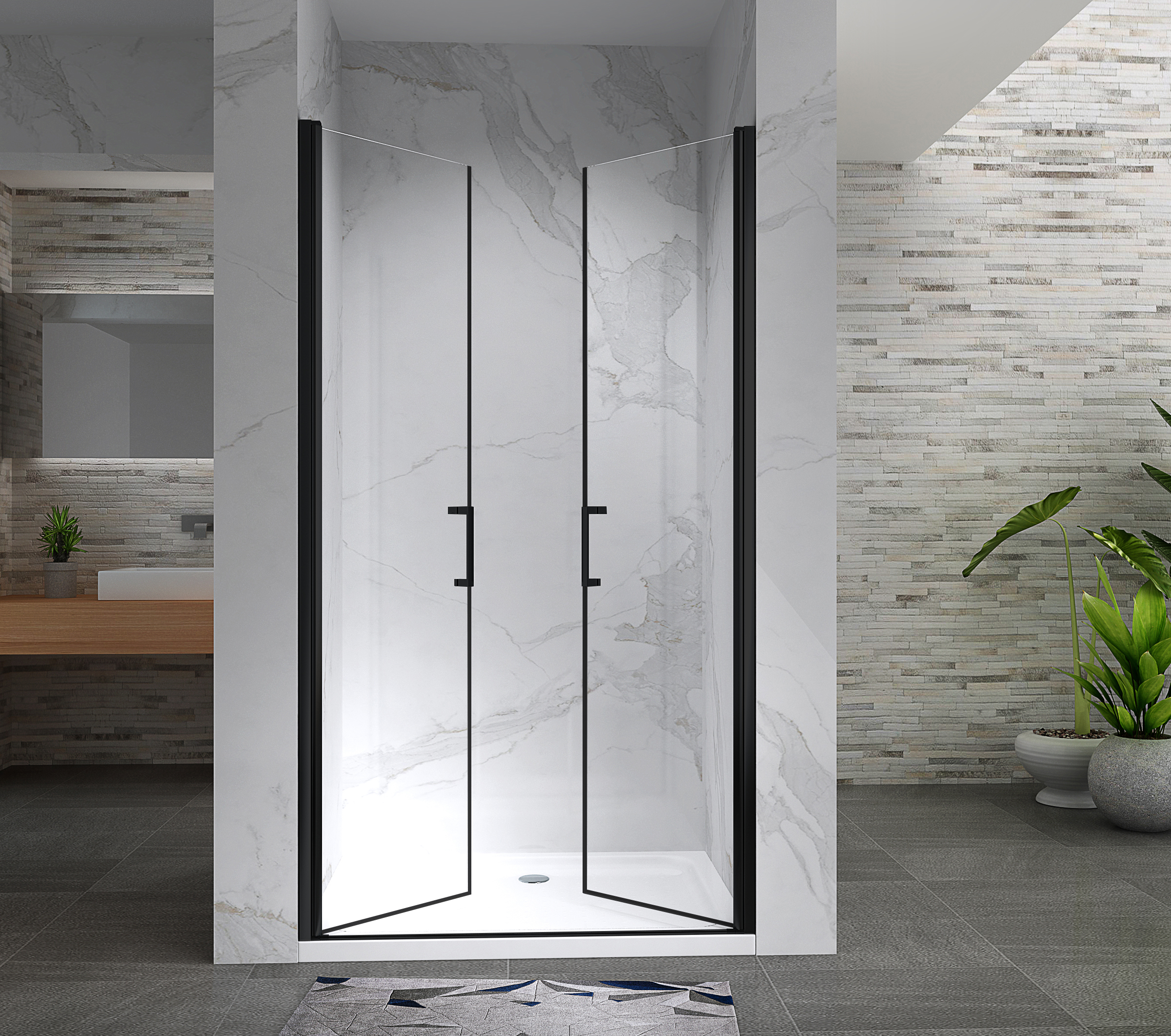 Duschtür Lara BLACK mit Pendeltüren und Edelstahlgriffe 68-140 cm aus ESG Sicherheitsglas Lara – Shower Door BLACK with Hinged Doors and Stainless Steel Handles, 68-104 cm, made of ESG Safety Glass