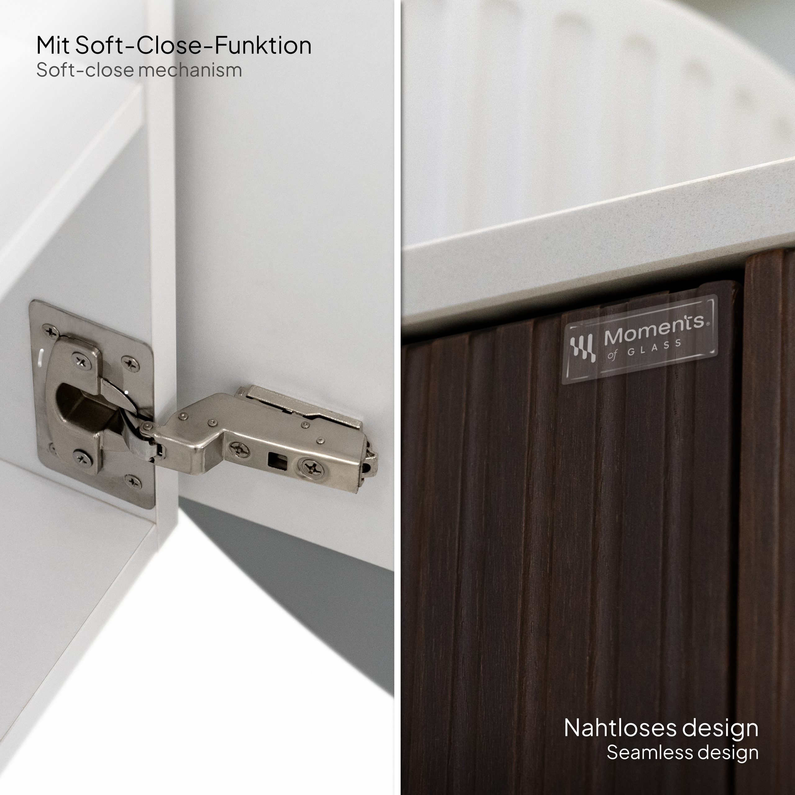 Badmöbel-Set Maia Nußbaum, wandhängend, mit Steinplatte und Waschtisch aus Mineralguss sowie LED-Spiegel mit Antibeschlagfunktion, gerillte Textur Badmöbel-Set Maia Nußbaum, wandhängend, mit Steinplatte und Waschtisch aus Mineralguss sowie LED-Spiegel mit Antibeschlagfunktion, gerillte Textur