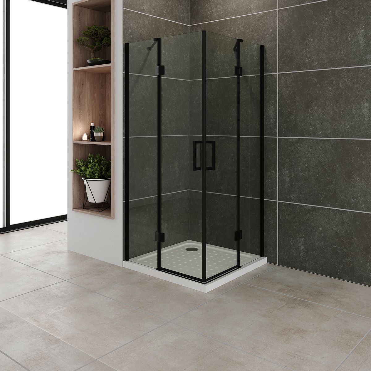 Eckeinstieg Celine mit Klapptüren und schwarzen Profilen aus ESG Sicherheitsglas Eckeinstieg Celine mit Klapptüren und schwarzen Profilen aus ESG Sicherheitsglas