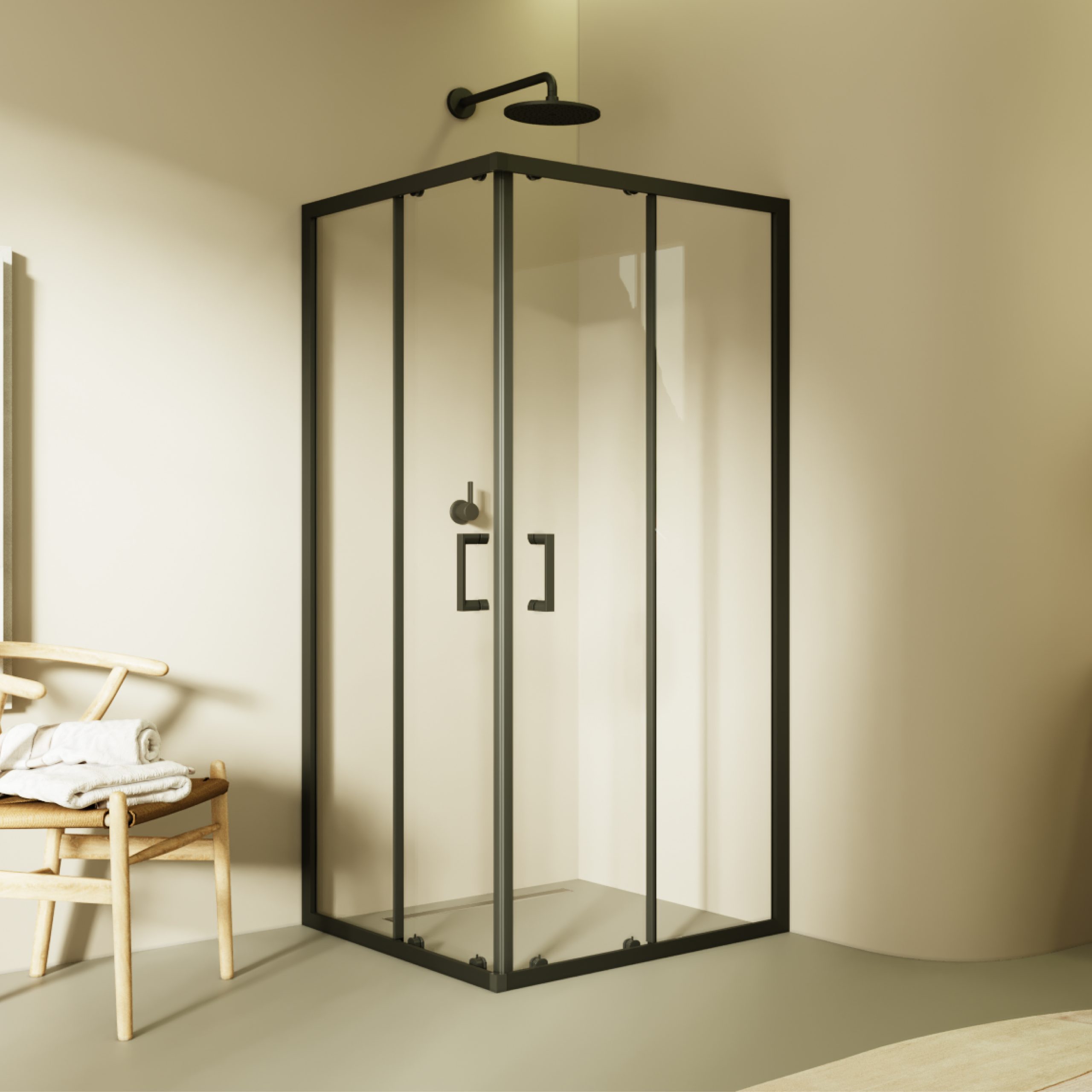 Corner entry Danielle with sliding doors and black profiles made of ESG safety glass.