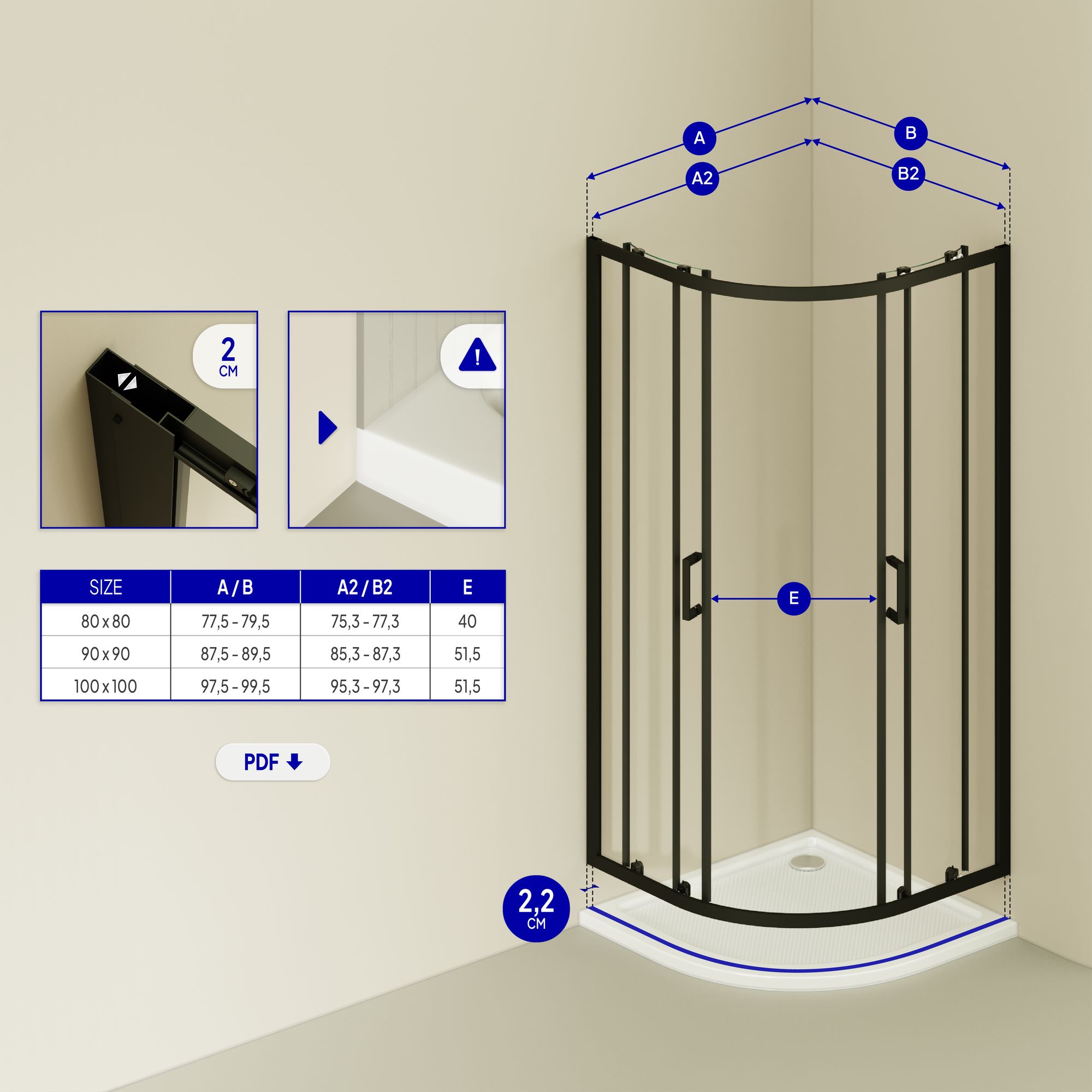 Viertelkreisdusche Ella mit Schiebetüren und schwarzen Profilen aus ESG Sicherheitsglas Viertelkreisdusche Ella mit Schiebetüren und schwarzen Profilen aus ESG Sicherheitsglas