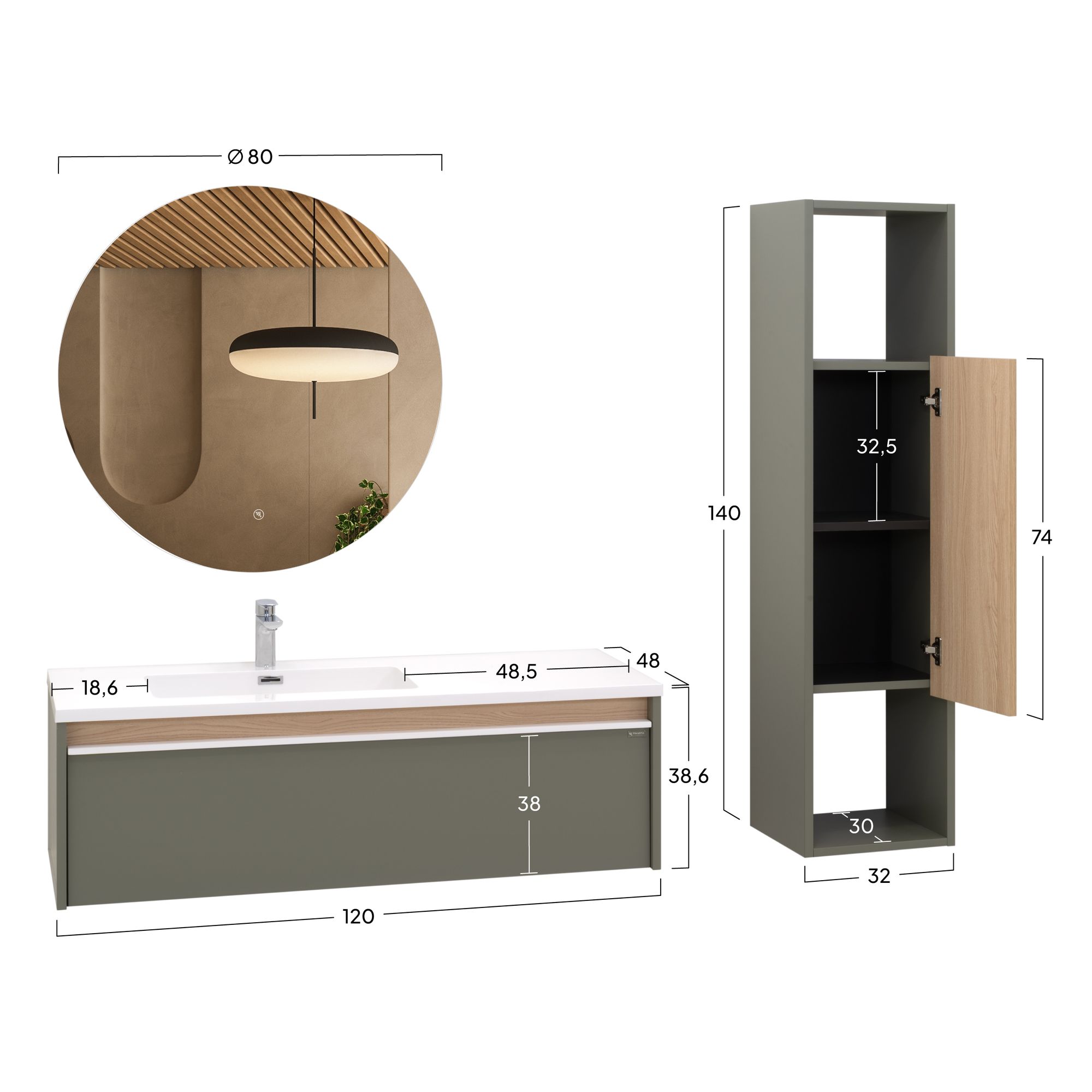 Badezimmermöbel Nereia – 100 cm Unterschrank Eiche hell + LED-Rundspiegel Badezimmermöbel Nereia – 100 cm Unterschrank Eiche hell + LED-Rundspiegel