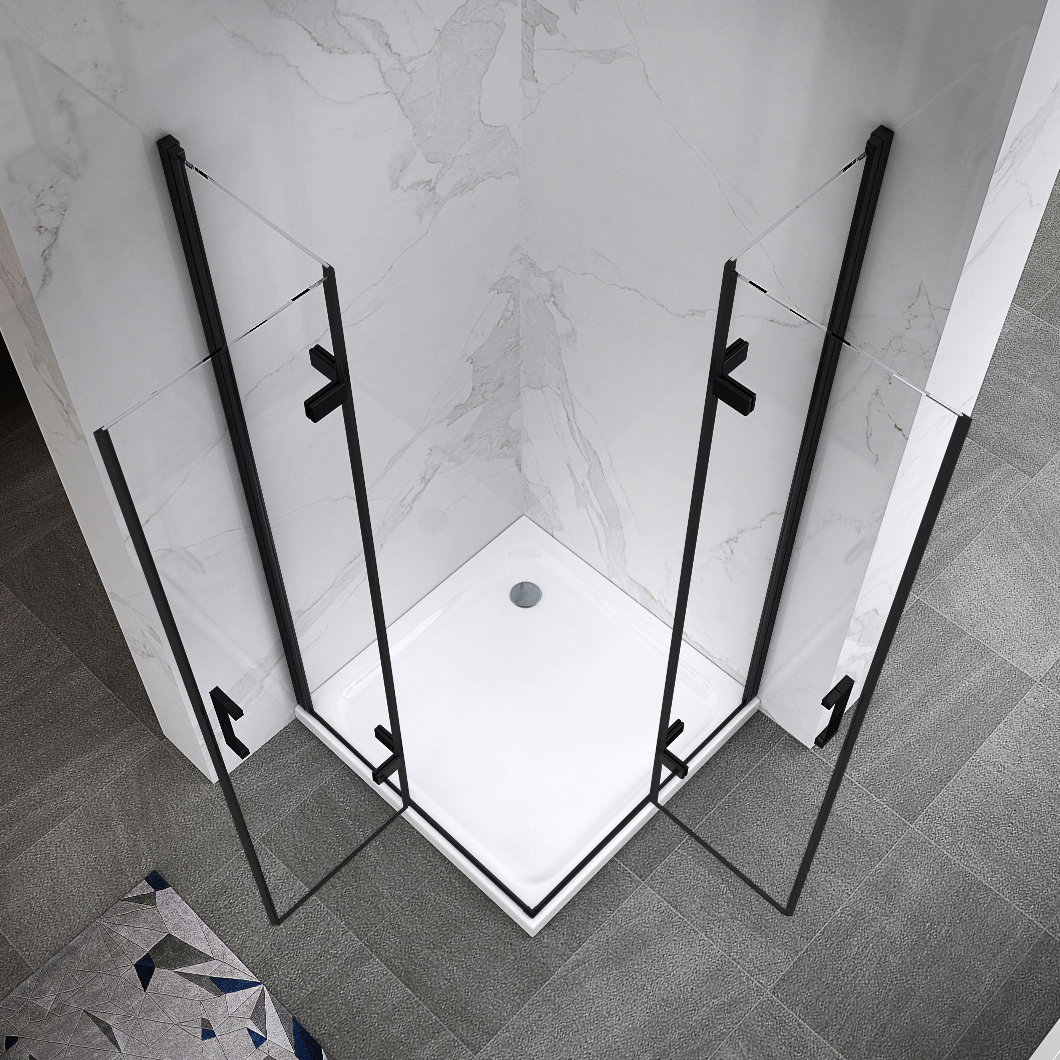 Corner Entry Matilde BLACK with Folding Doors made of ESG Safety Glass Matilde – Eckeinstieg BLACK mit Falttüren aus ESG Sicherheitsglas