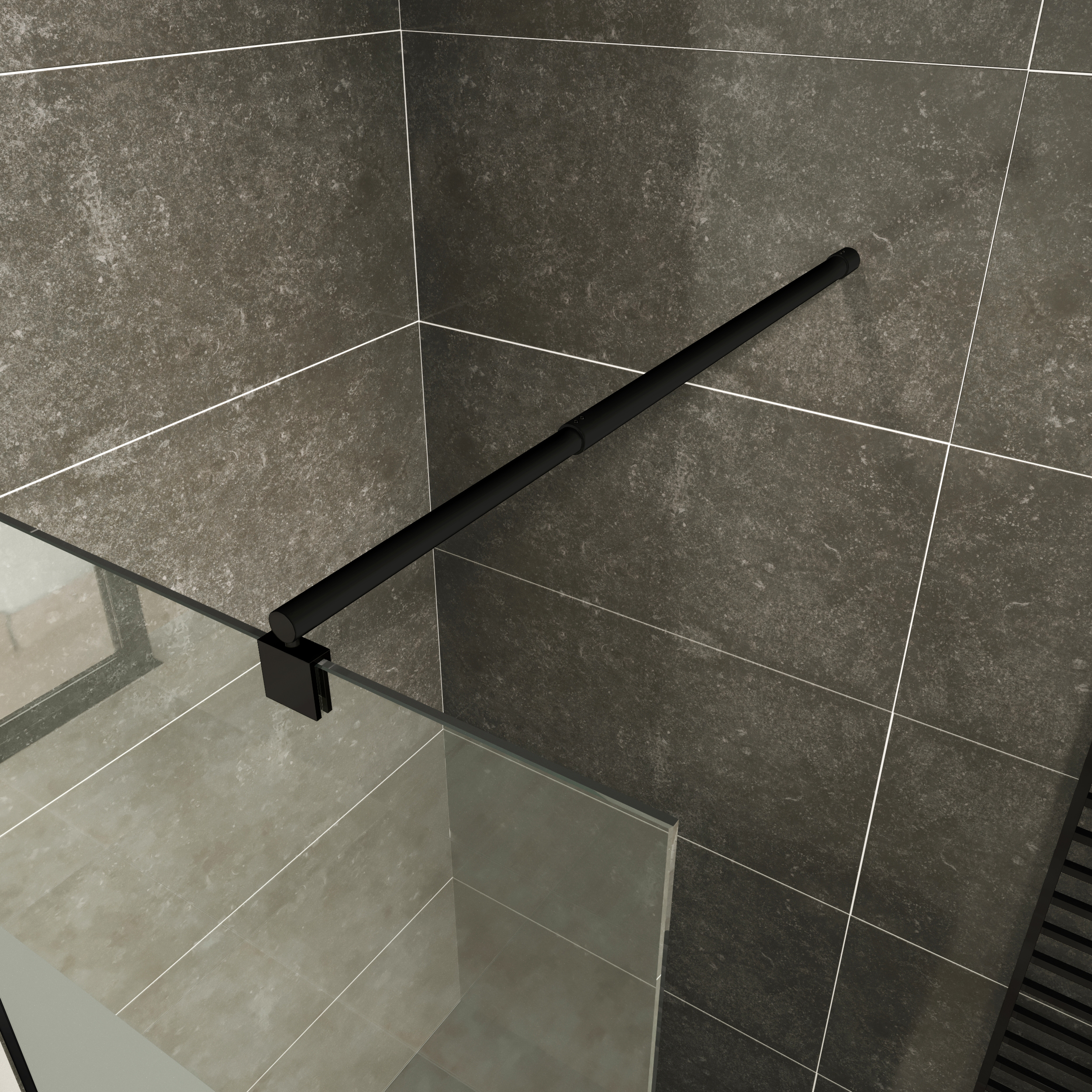 Walk-In Shower Fiona made of 10 mm thick partially frosted ESG safety glass and black aluminum profile.