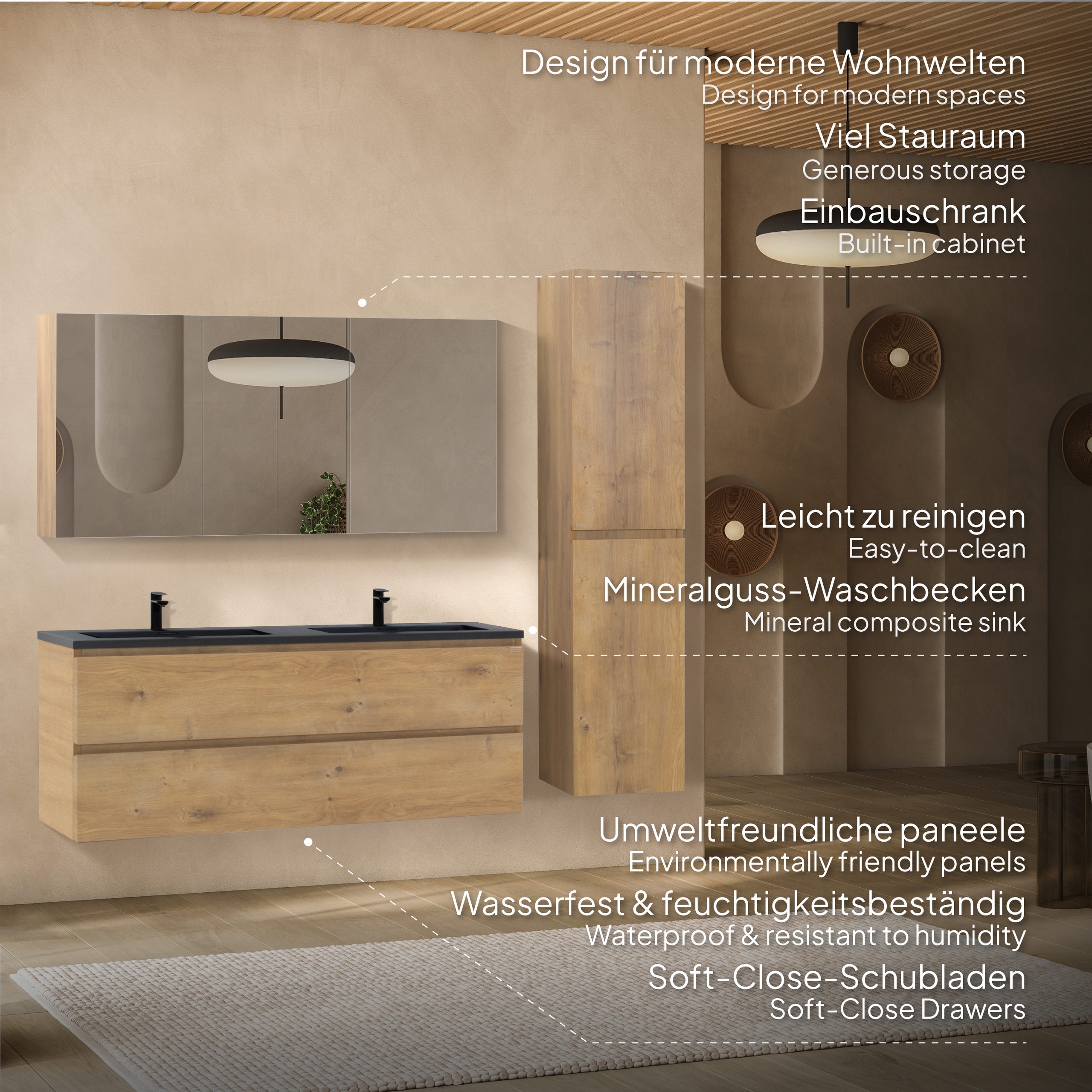 Badmöbel-Set Atena [120 cm] mit Mineralharz-Waschbecken in Hochglanz Schwarz, Unterschrank mit Spiegel und hängendem Hochschrank in Eiche