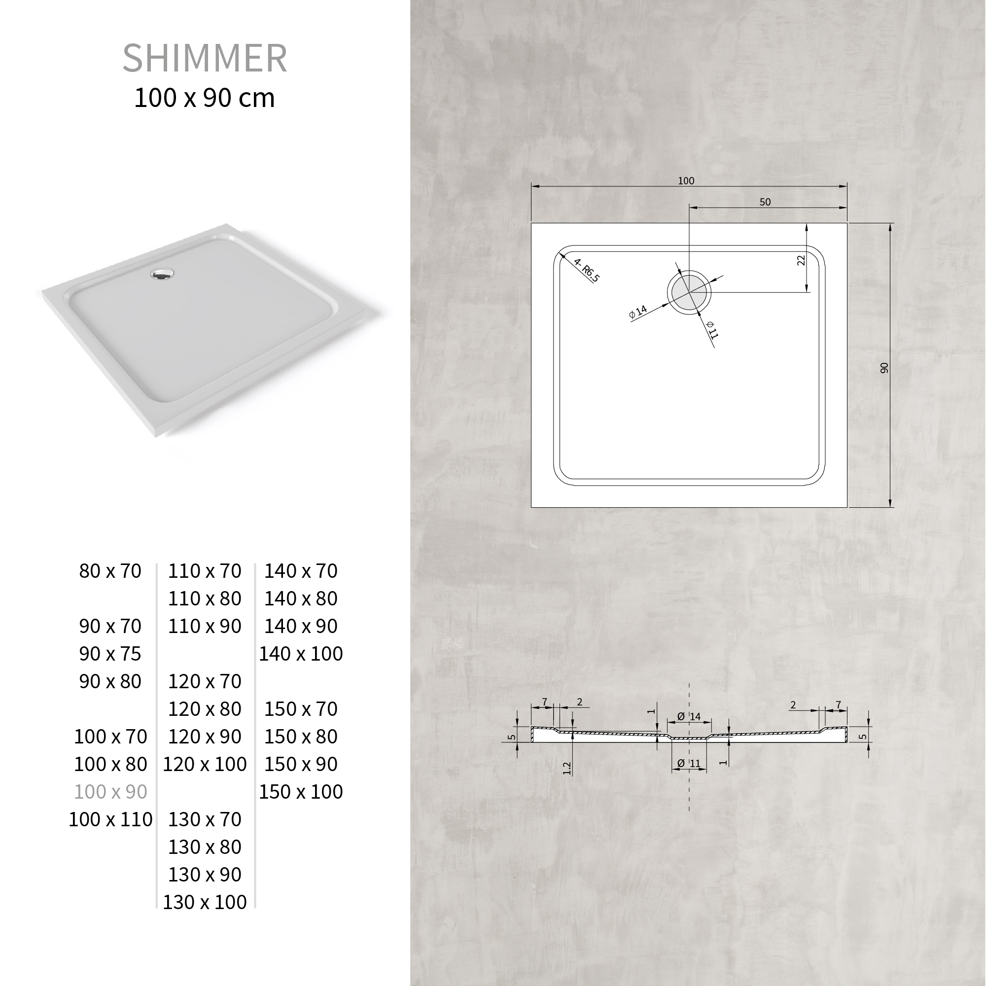 Tray – Shower Shimmer made of sanitary acrylic including waste fitting - White