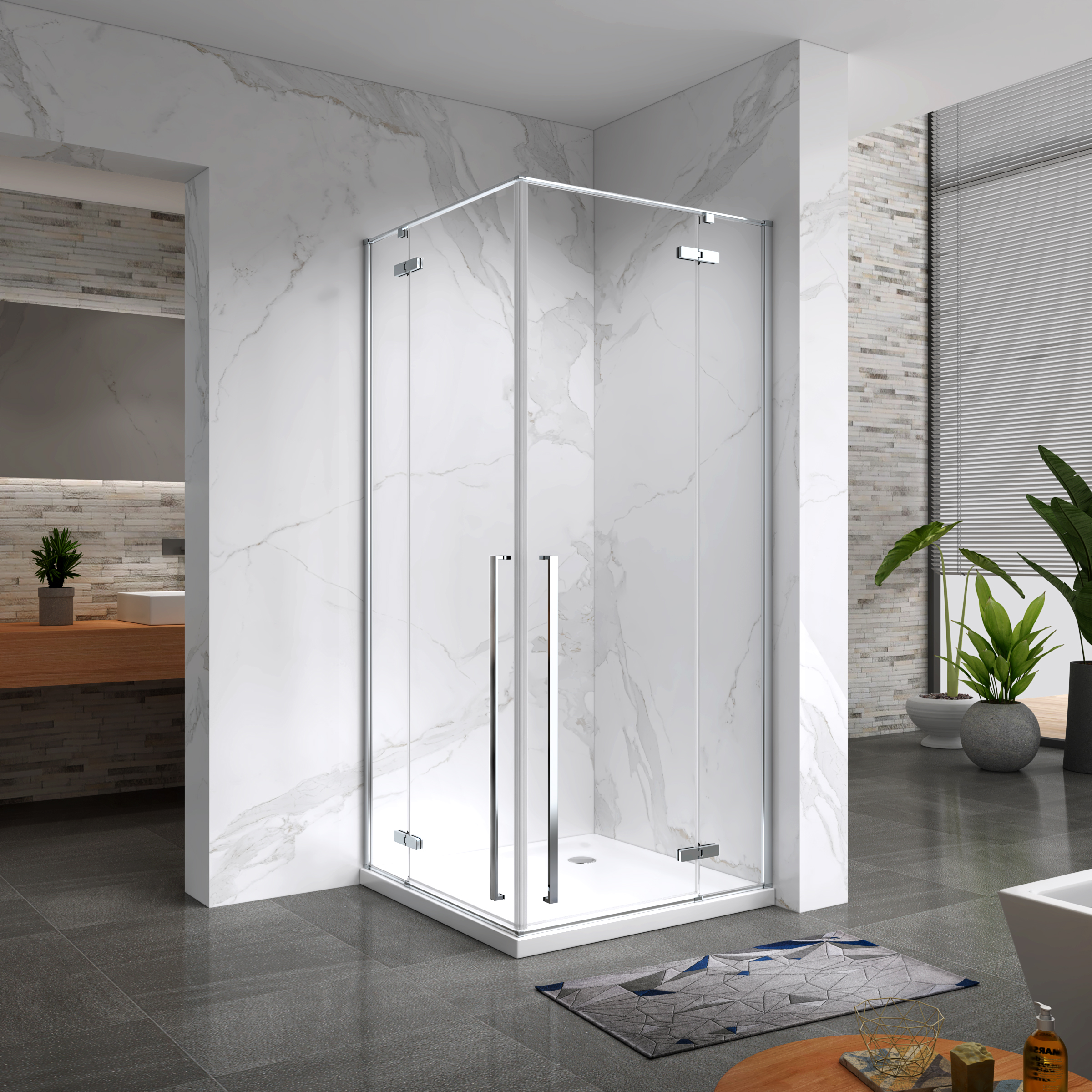 Eckeinstieg Jayla mit Drehtüren und verchromten Profilen aus ESG Sicherheitsglas 190 cm-100x100 cm Eckeinstieg Jayla mit Drehtüren und verchromten Profilen aus ESG Sicherheitsglas 190 cm-90x90 cm