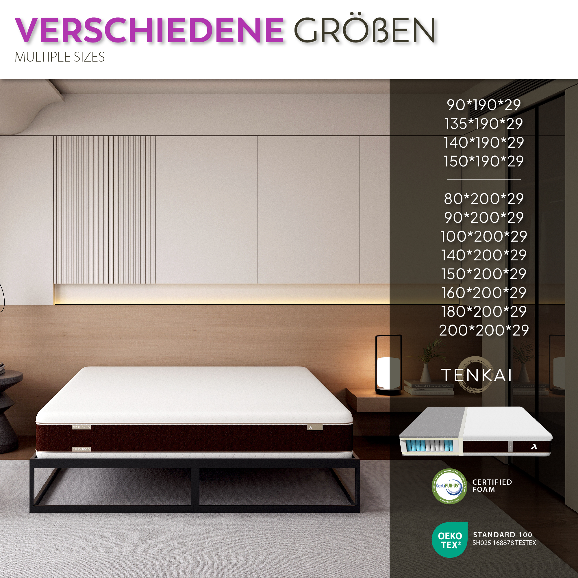 Matratze Tenkai – Hybride Matratze mit Taschenfedern und 7 ergonomischen Zonen