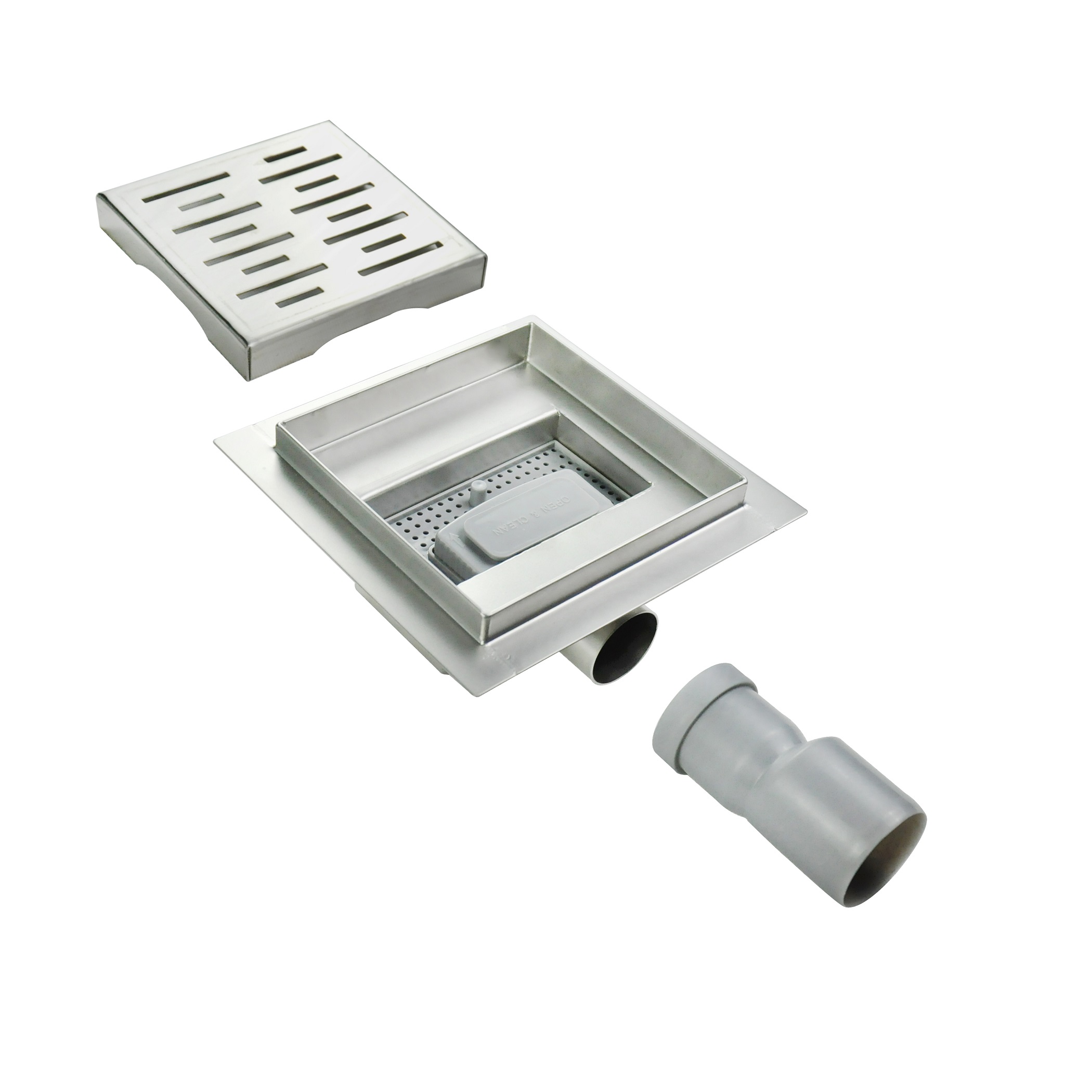 Square Shower Drain Q4 made of Stainless Steel for Flat Installation with Slot Pattern